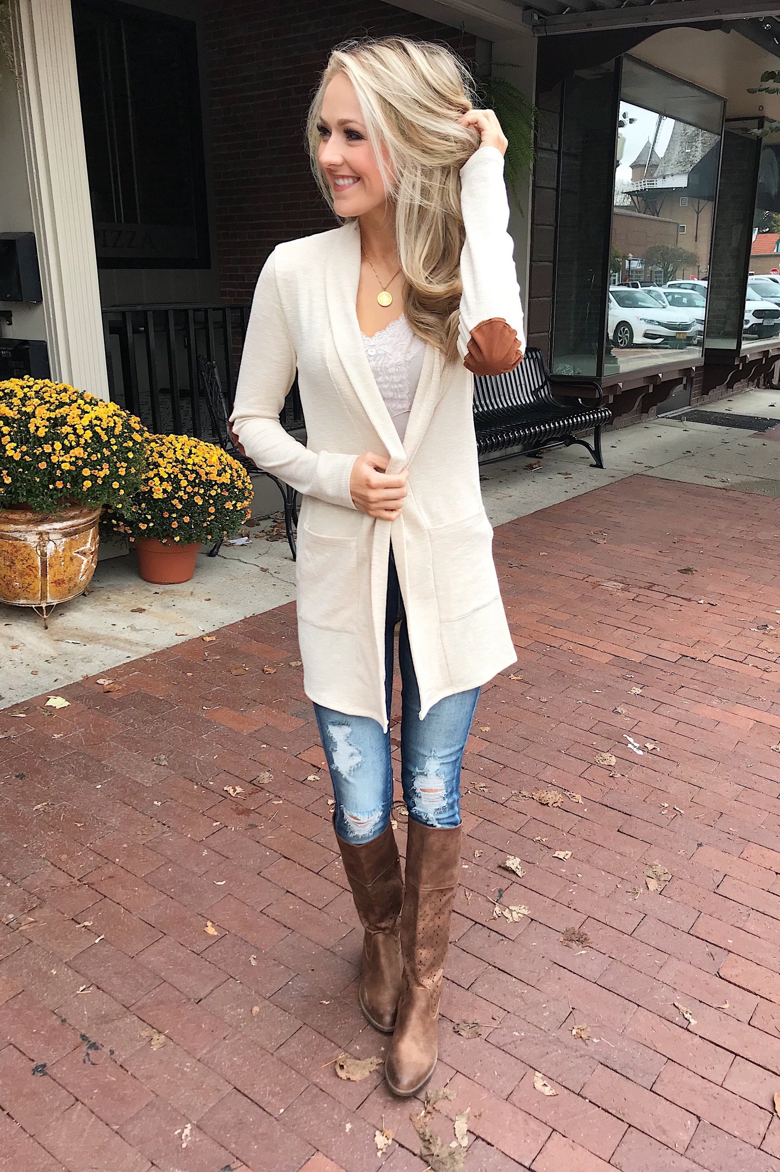 As Long As You Need Elbow Patch Cardigan- Cream