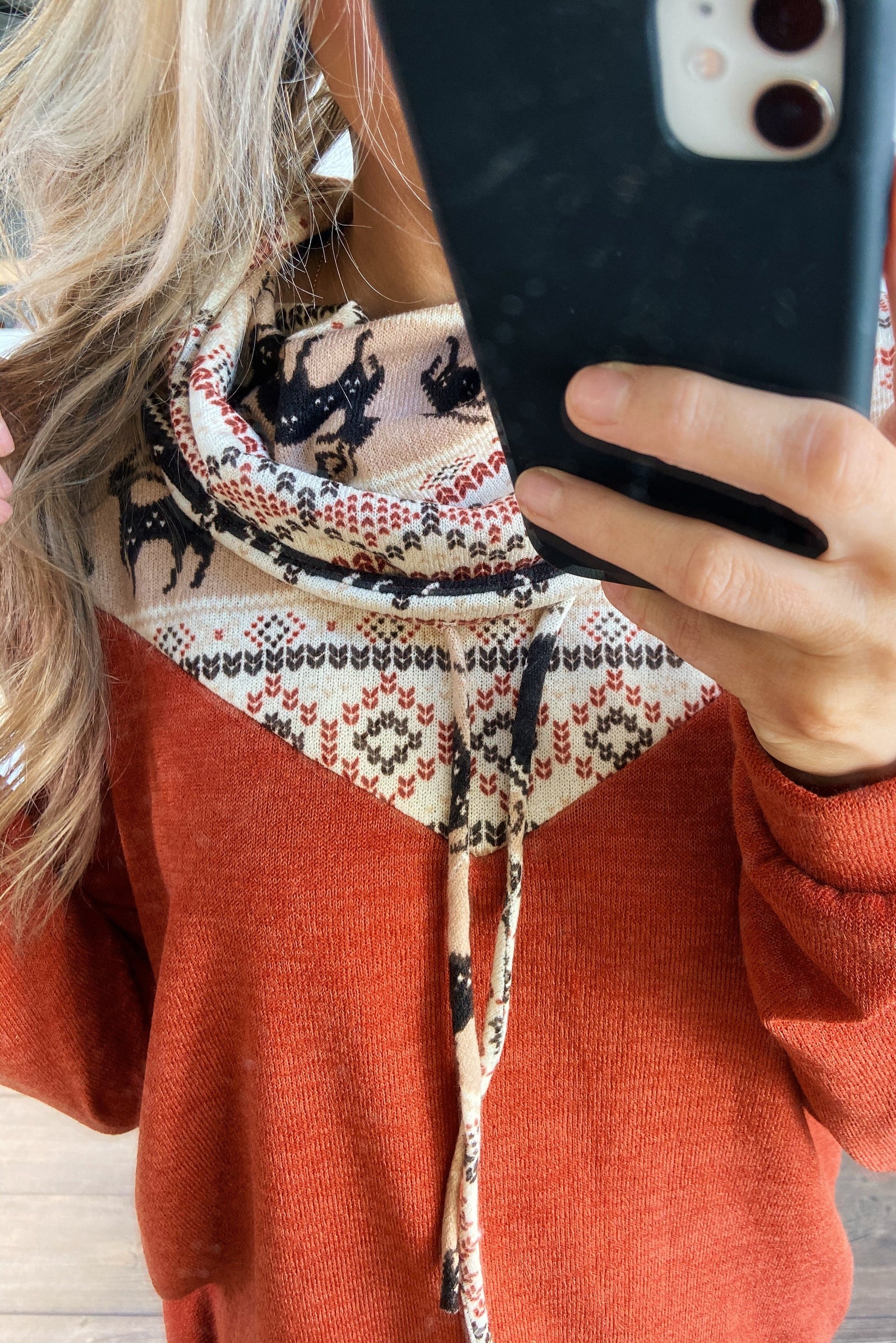 Dashing Into Winter Cowl Neck Top- Rust