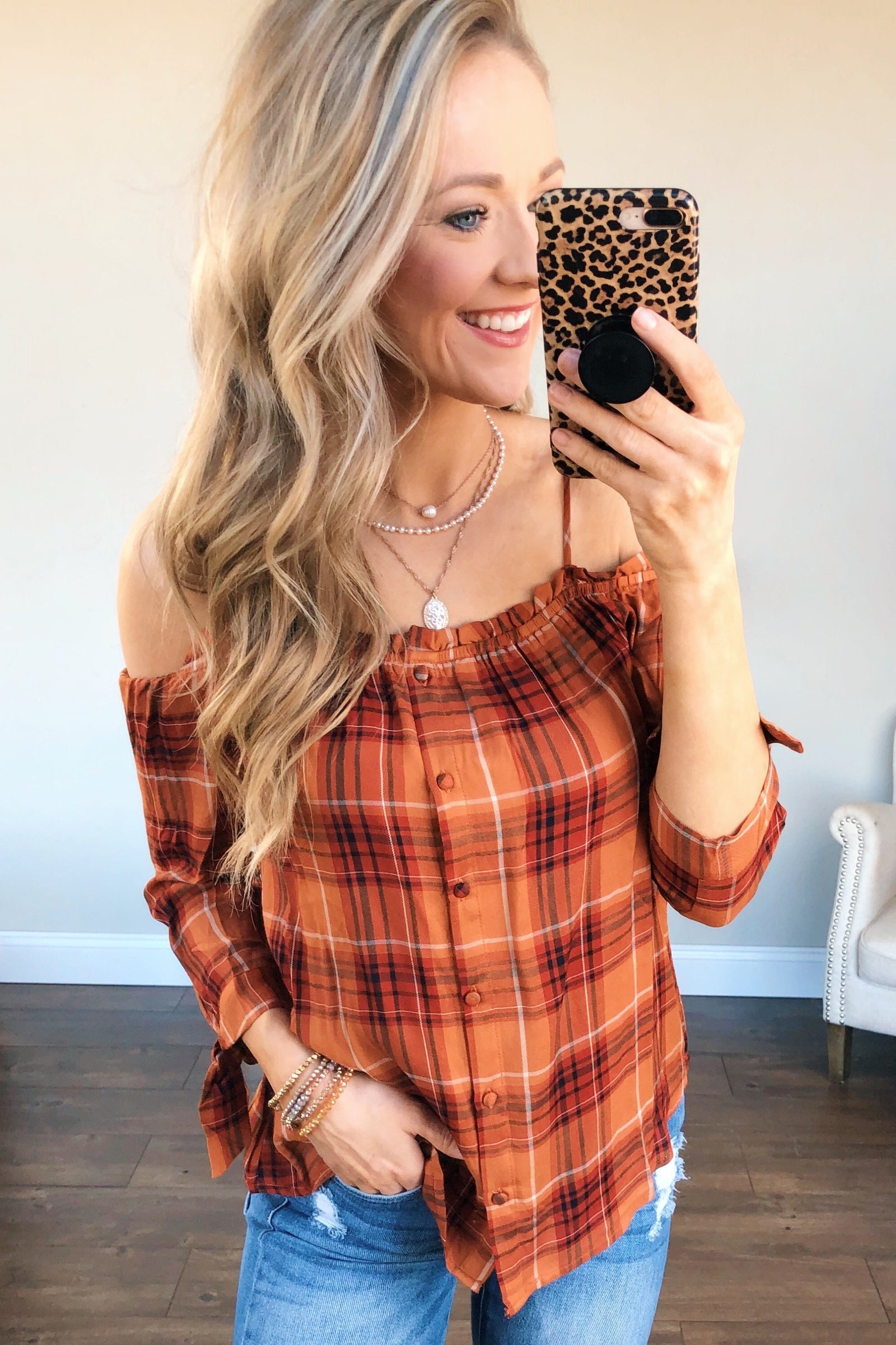 Give You My Best Shot Plaid Top- Rust & Burnt Orange