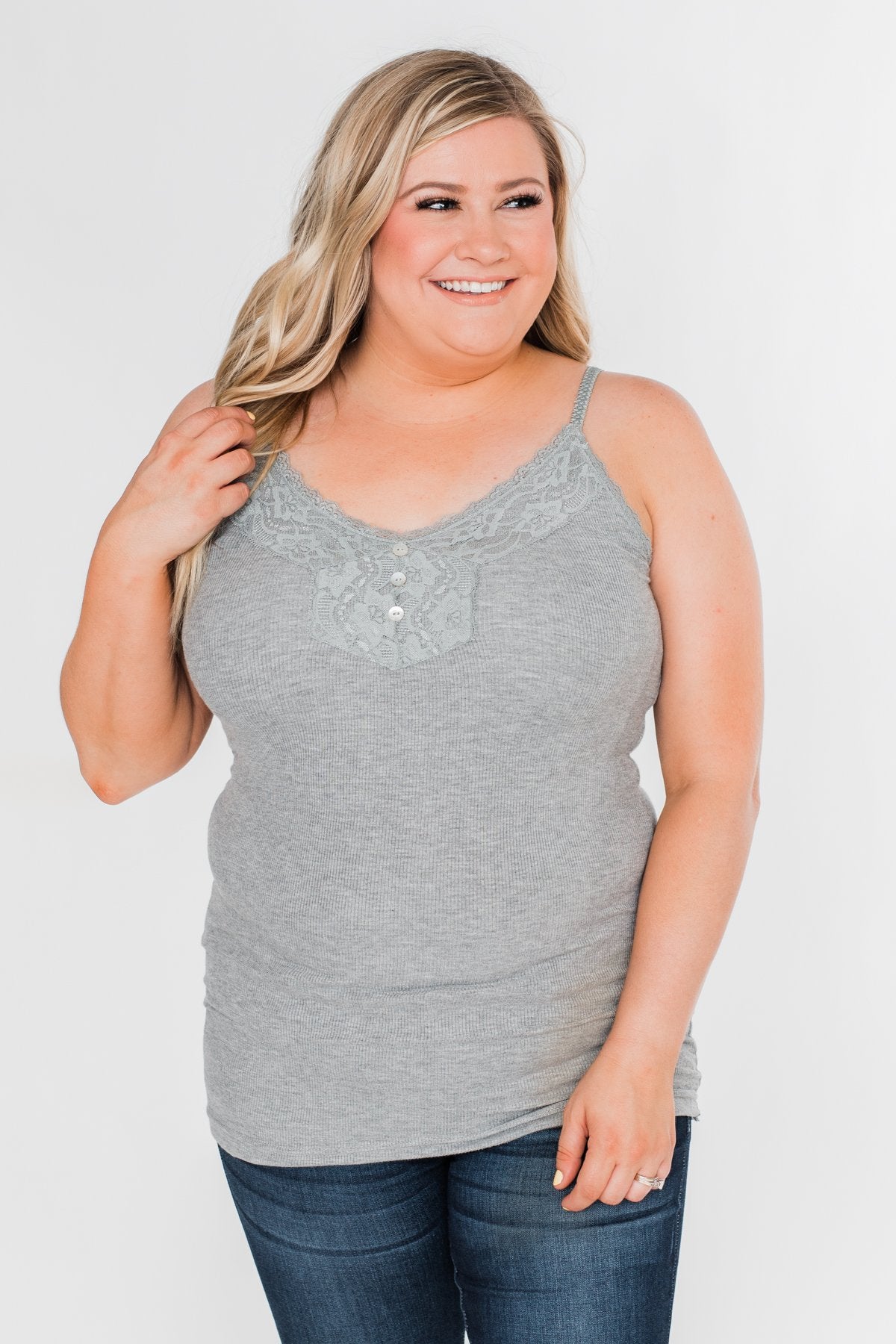 Pulse Basics Lace Trim Button Tank- Grey