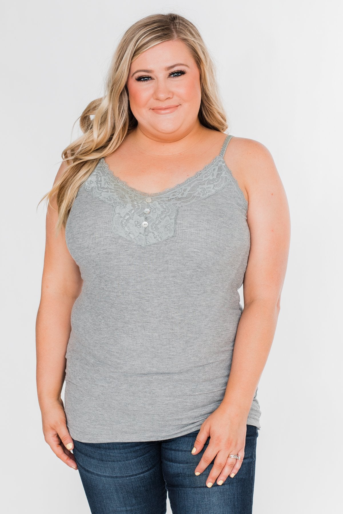 Pulse Basics Lace Trim Button Tank- Grey
