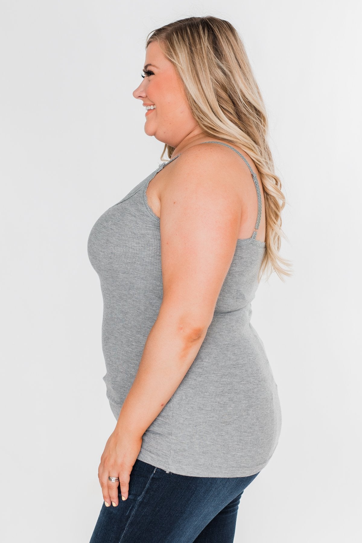 Pulse Basics Lace Trim Button Tank- Grey