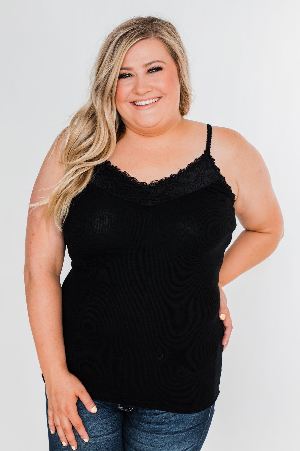 Pulse Basics Lace Trimmed Tank Top- Black