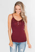 Pulse Basics Lace Trim Button Tank- Burgundy