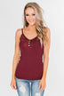 Pulse Basics Lace Trim Button Tank- Burgundy