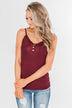 Pulse Basics Lace Trim Button Tank- Burgundy