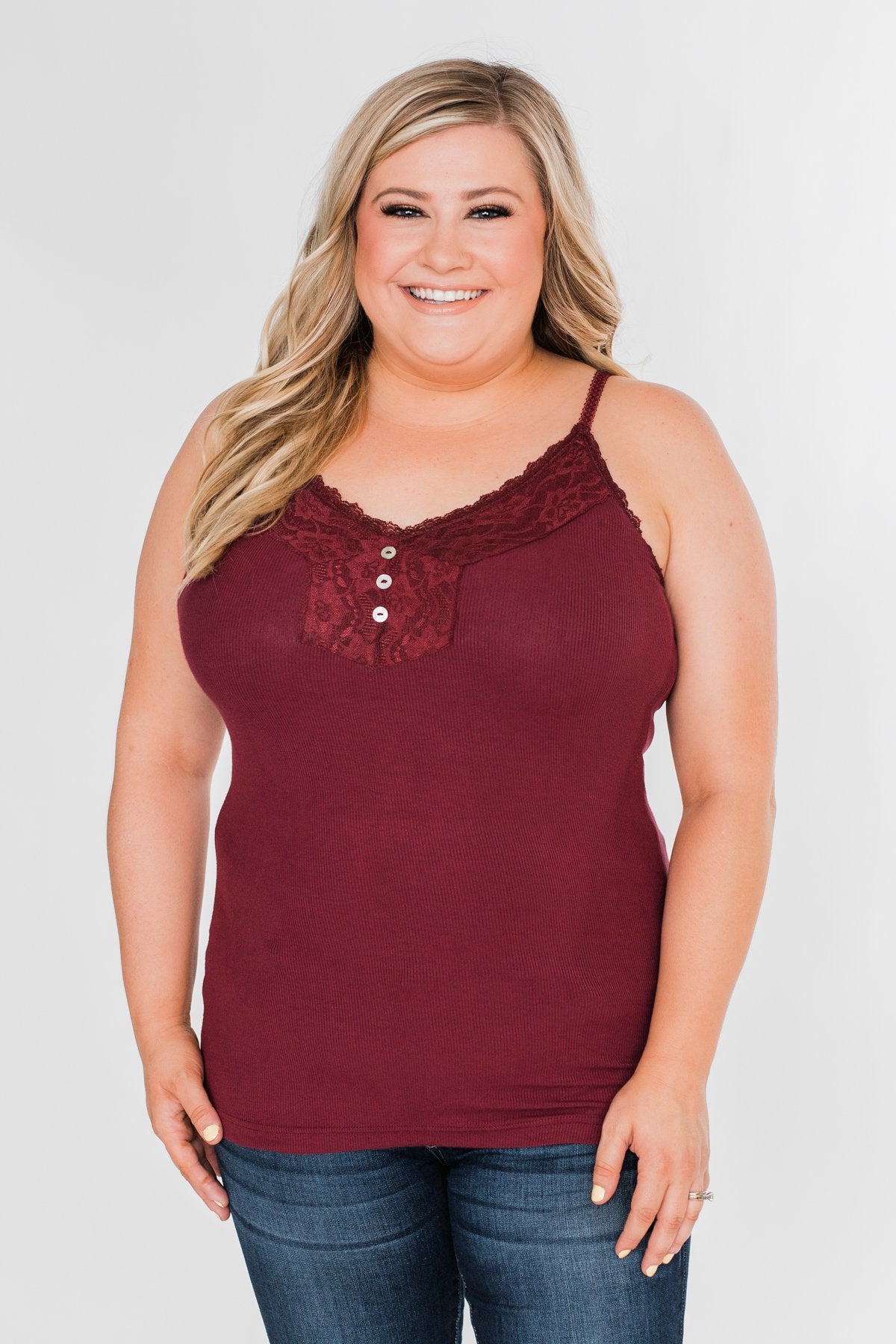Pulse Basics Lace Trim Button Tank- Burgundy