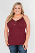 Pulse Basics Lace Trim Button Tank- Burgundy