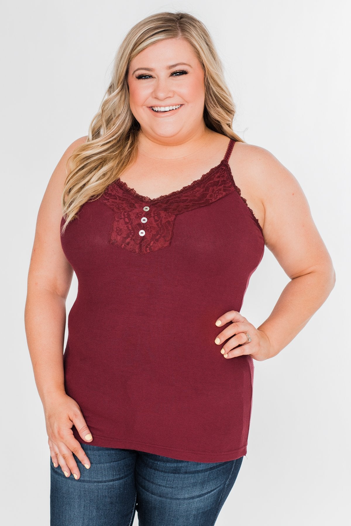Pulse Basics Lace Trim Button Tank- Burgundy