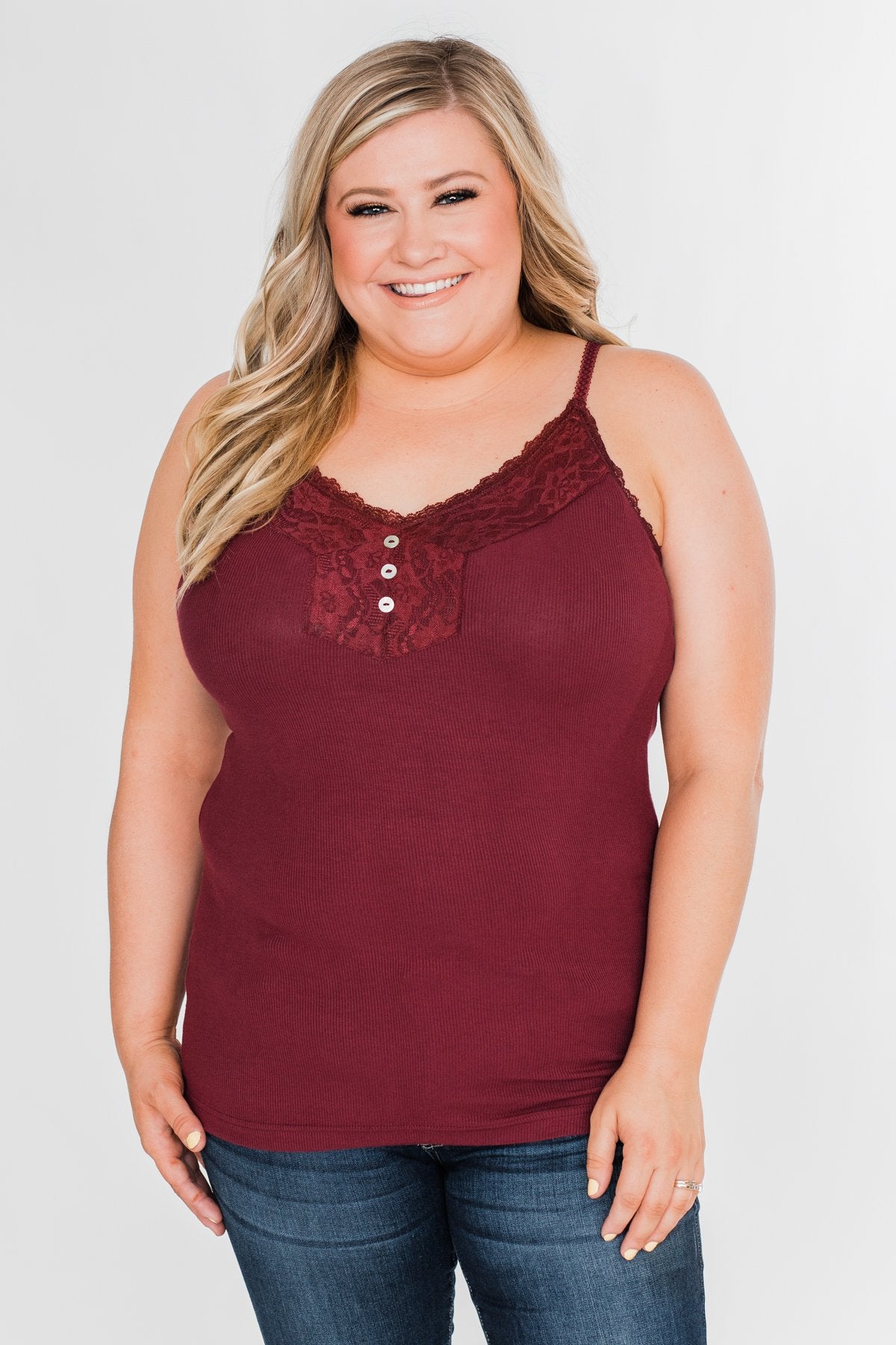 Pulse Basics Lace Trim Button Tank- Burgundy