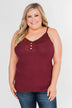 Pulse Basics Lace Trim Button Tank- Burgundy