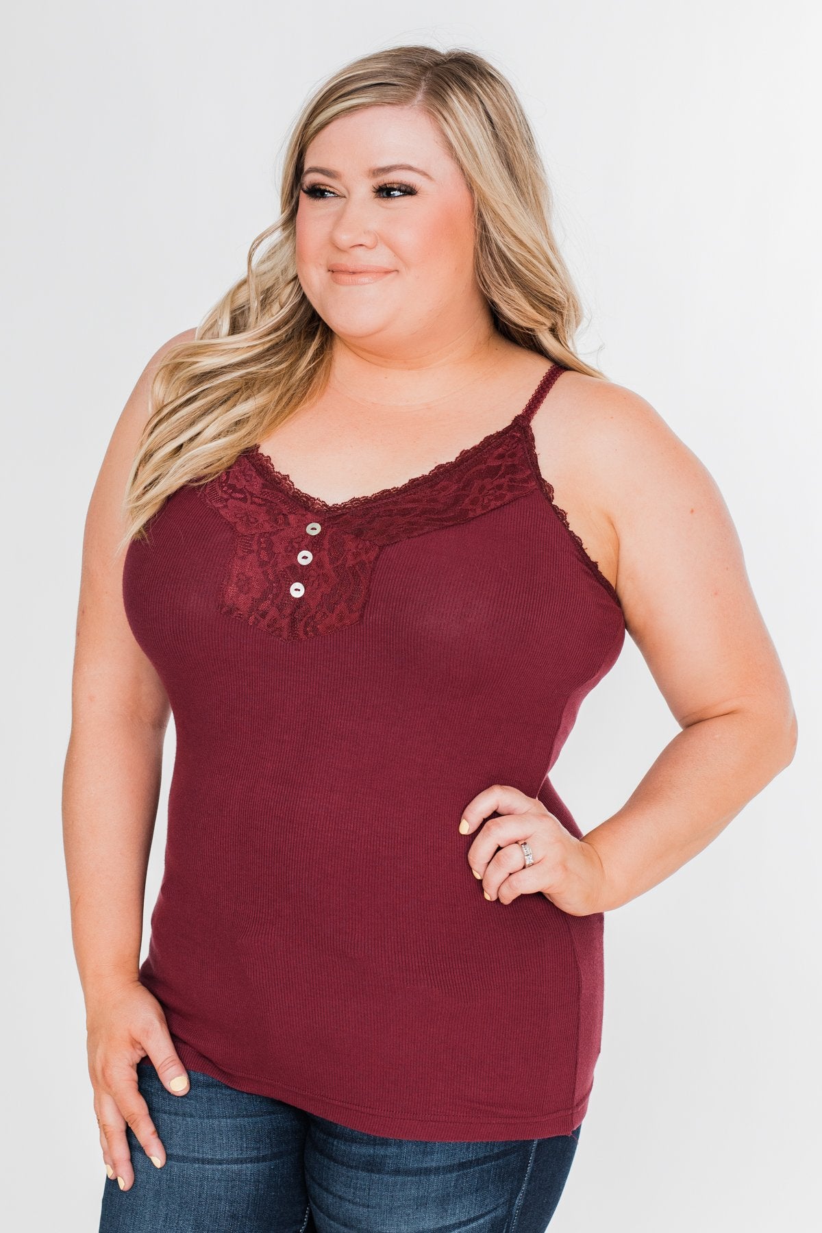 Pulse Basics Lace Trim Button Tank- Burgundy
