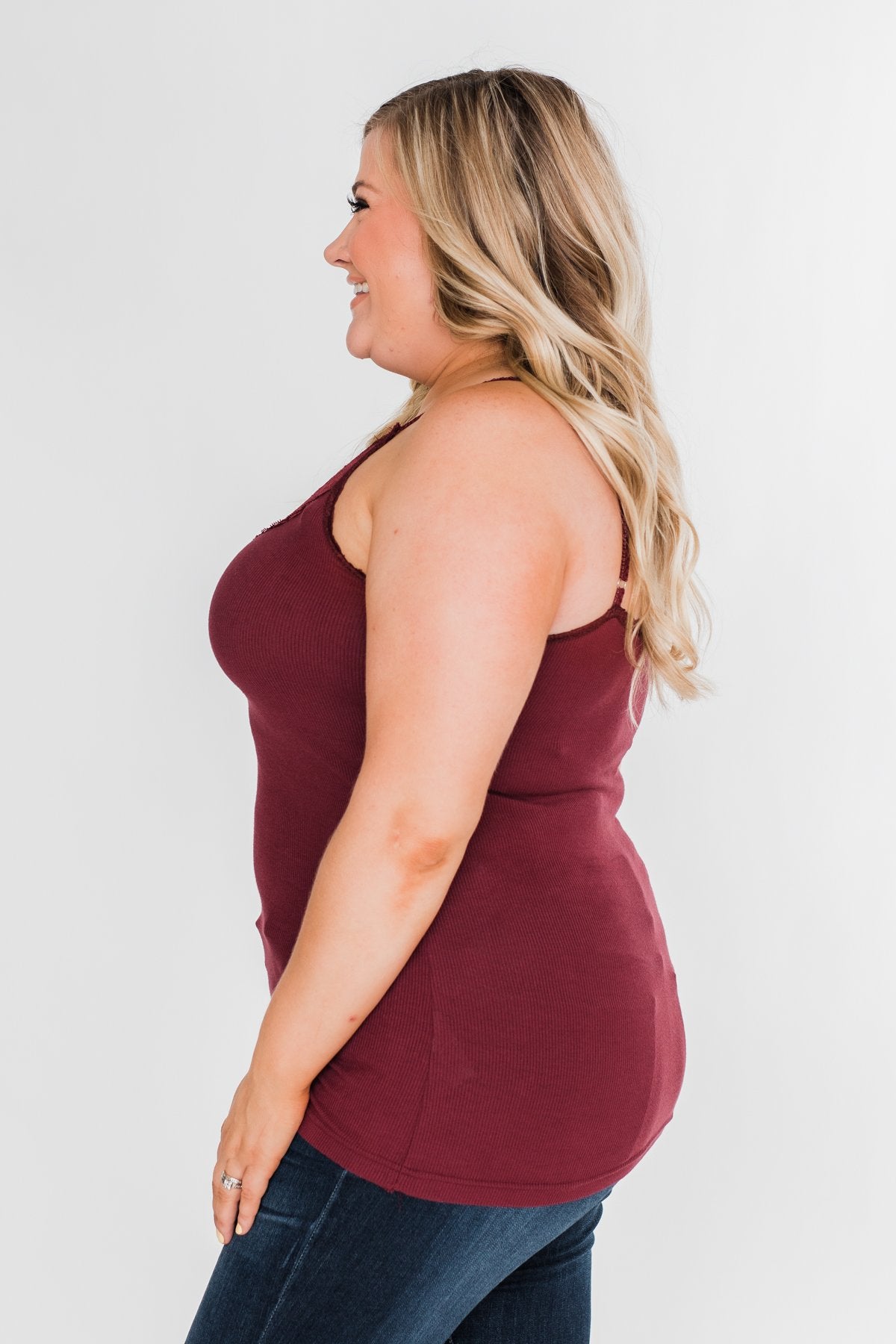 Pulse Basics Lace Trim Button Tank- Burgundy