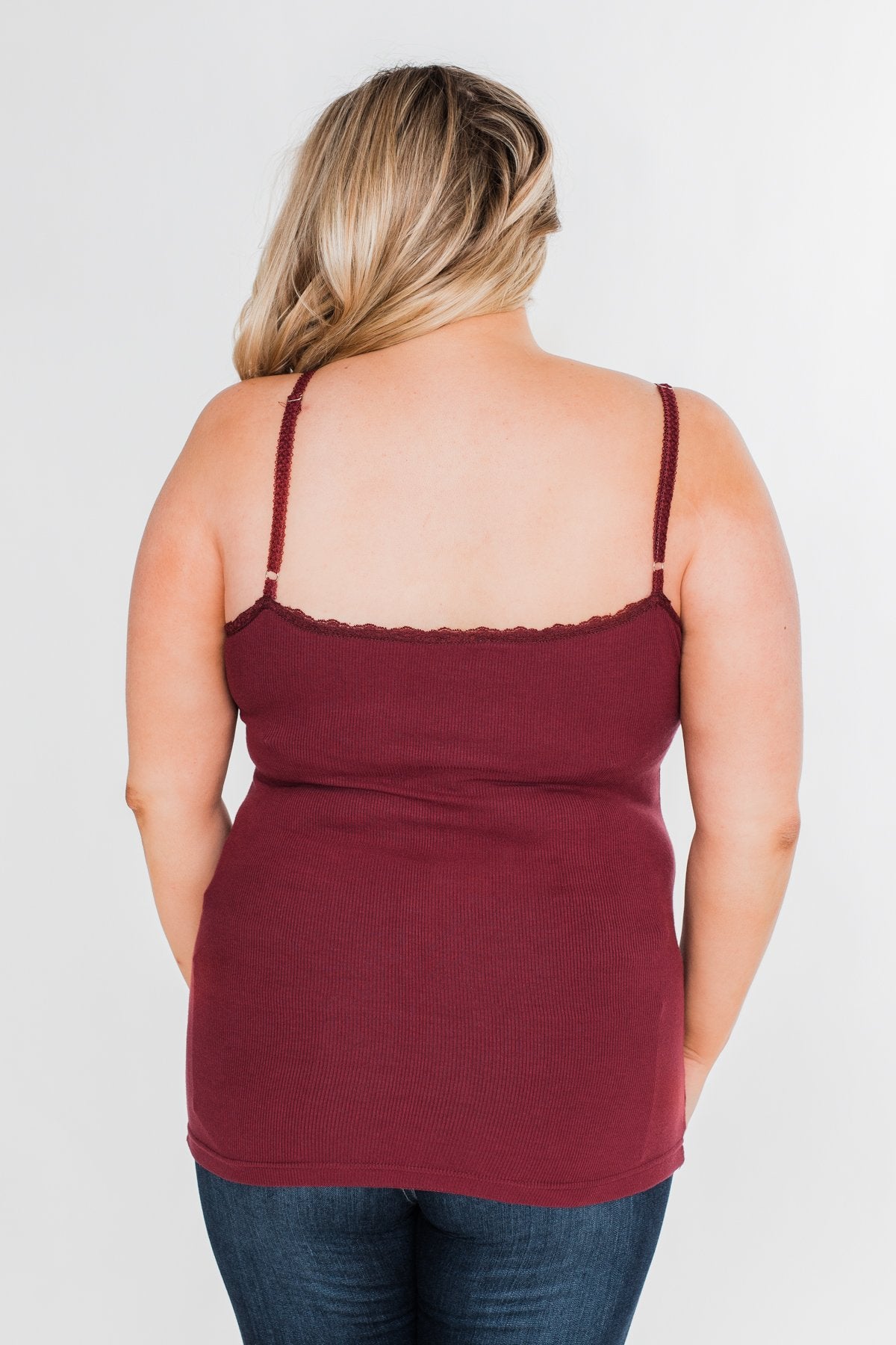 Pulse Basics Lace Trim Button Tank- Burgundy