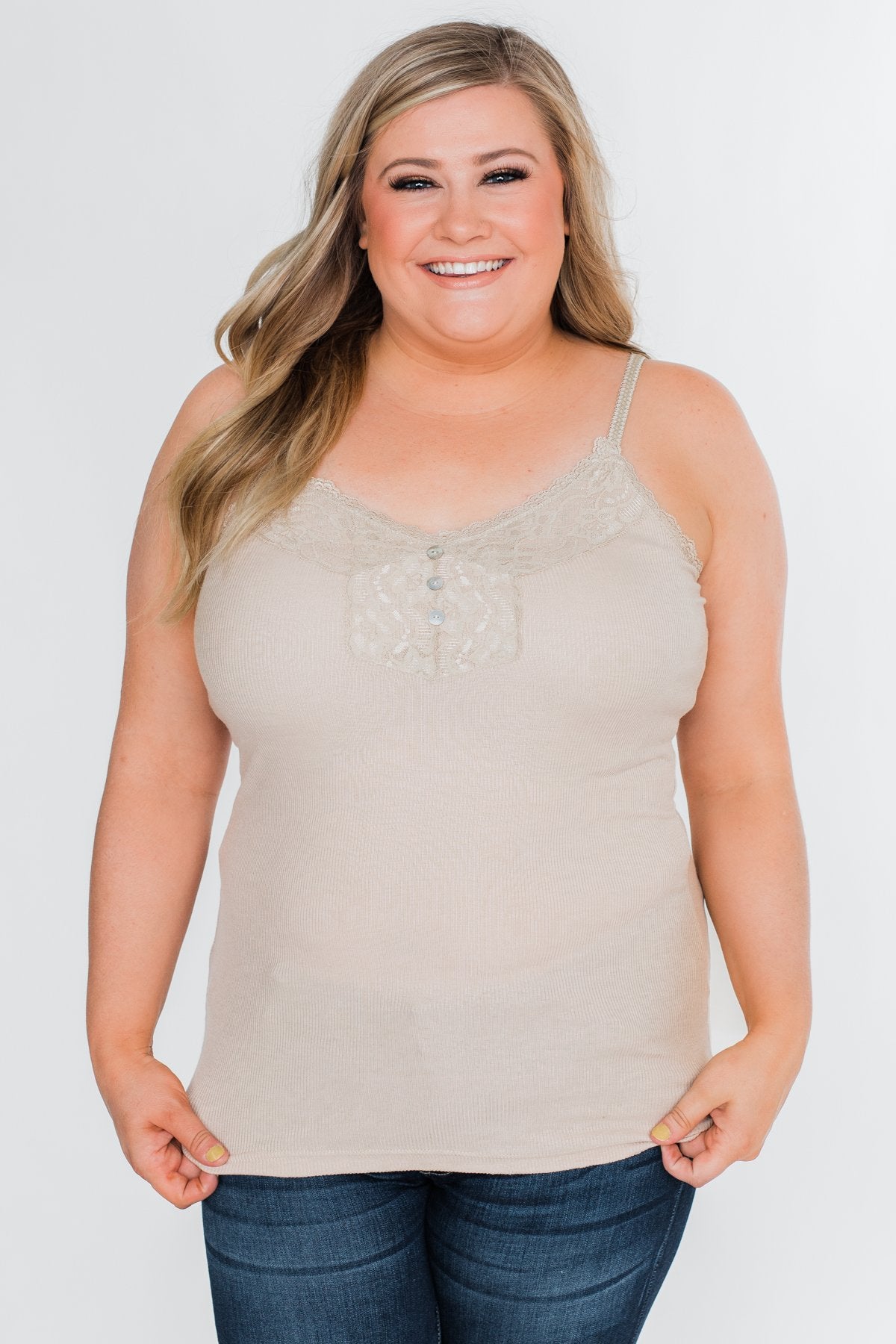 Pulse Basics Lace Trim Button Tank- Neutral