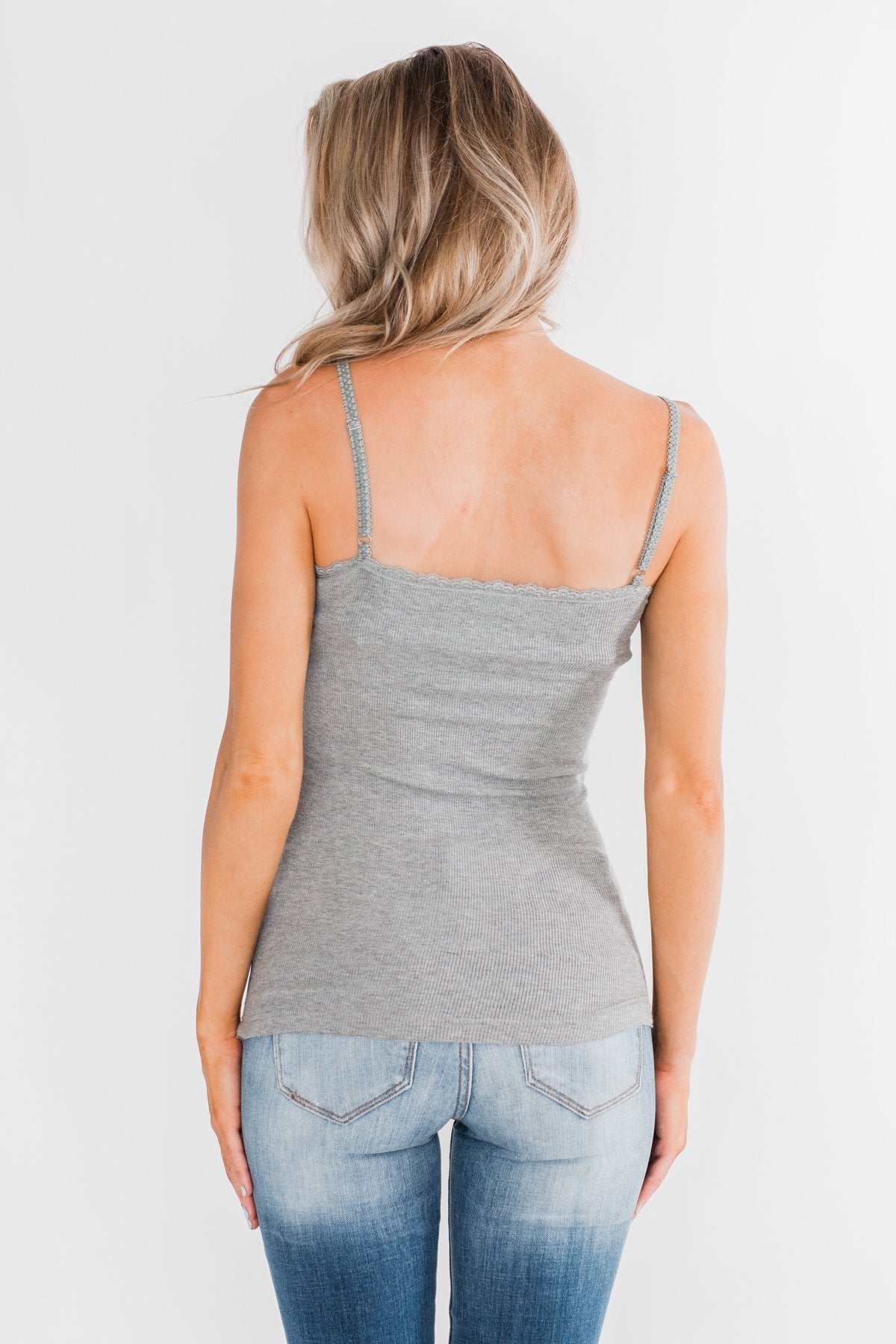 Pulse Basics Lace Trim Button Tank- Grey