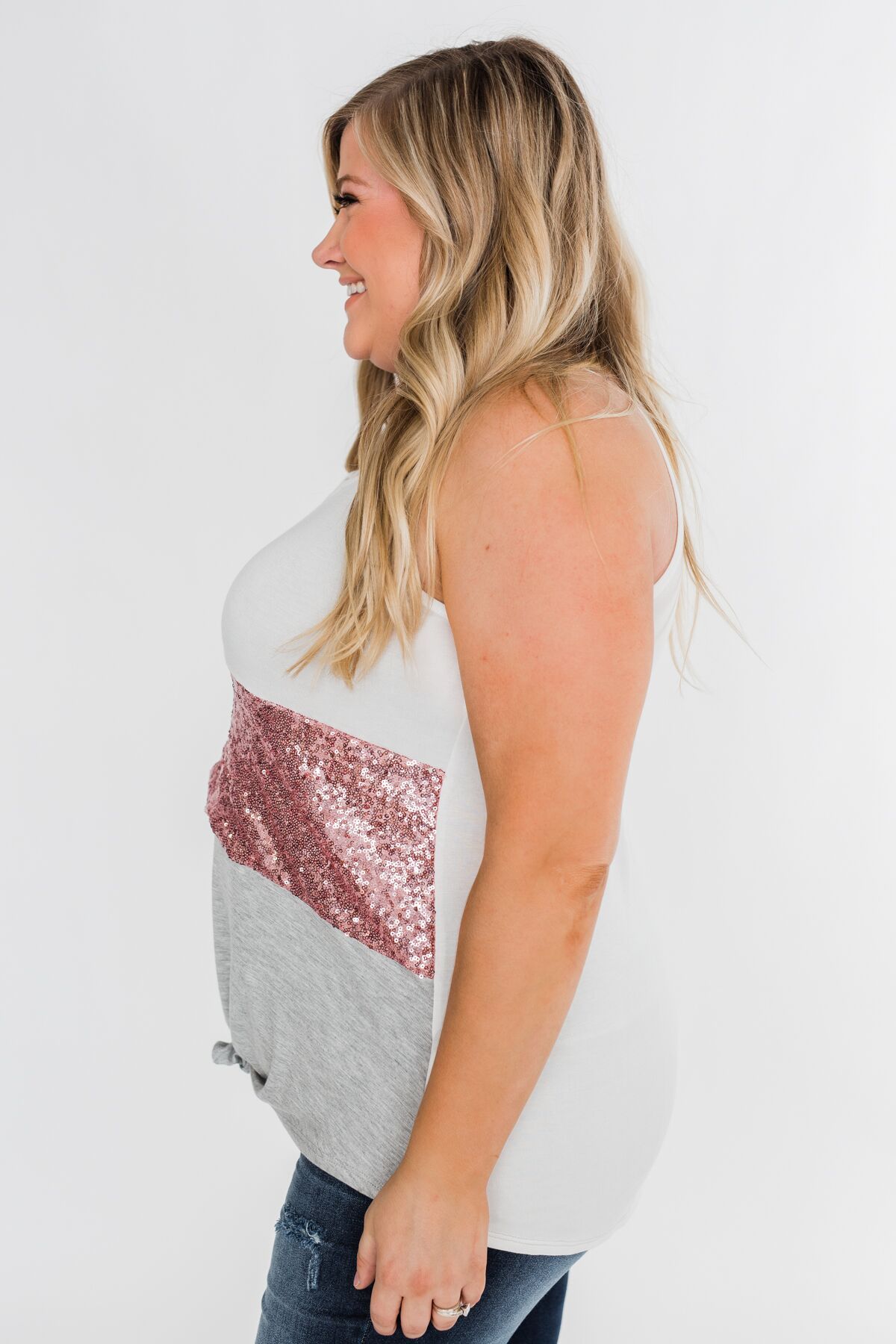 Full Of Sparkle Front Knot Halter Top- Ivory, Pink, & Gray