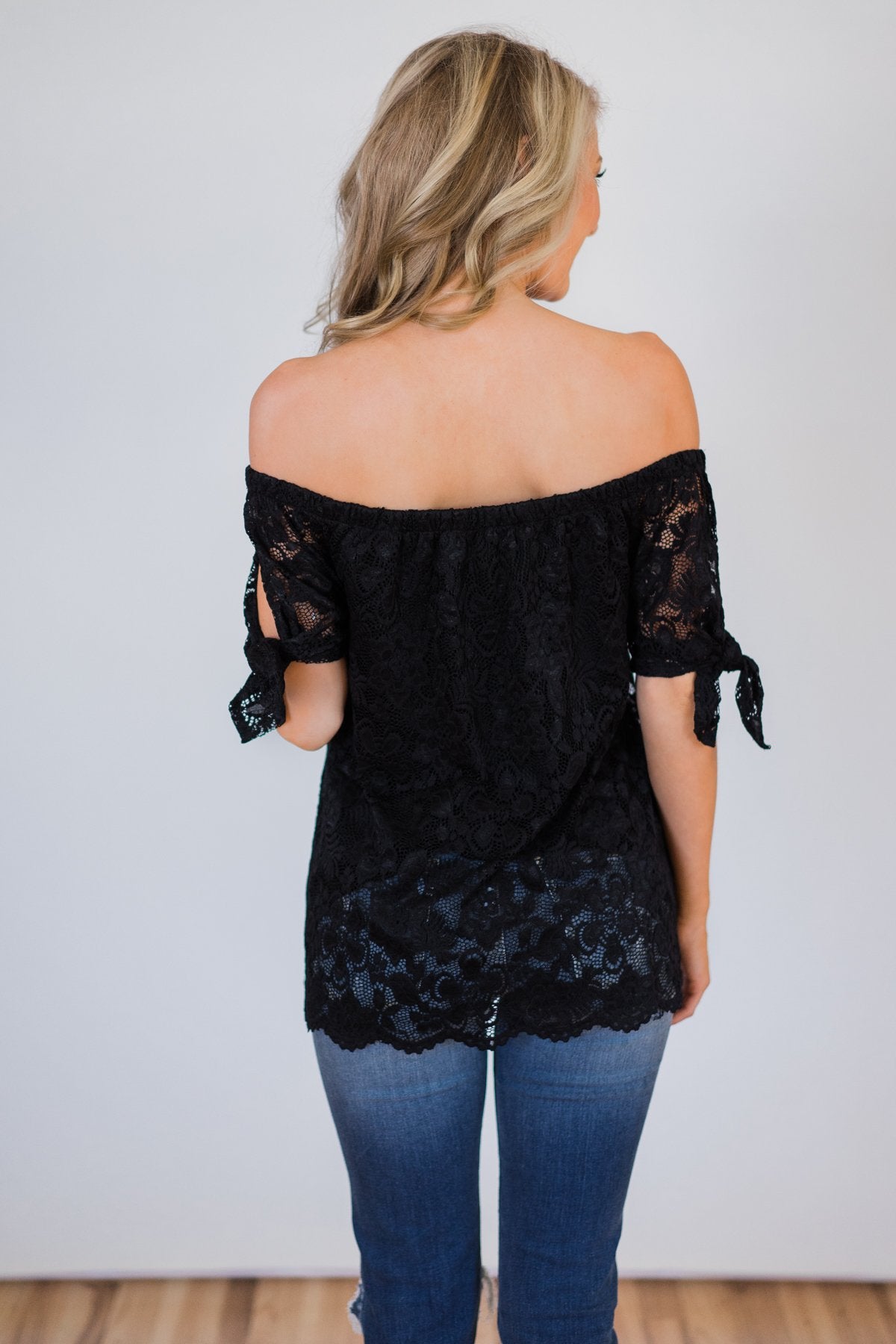 Lucky Charm Lace Off The Shoulder Top  - Black