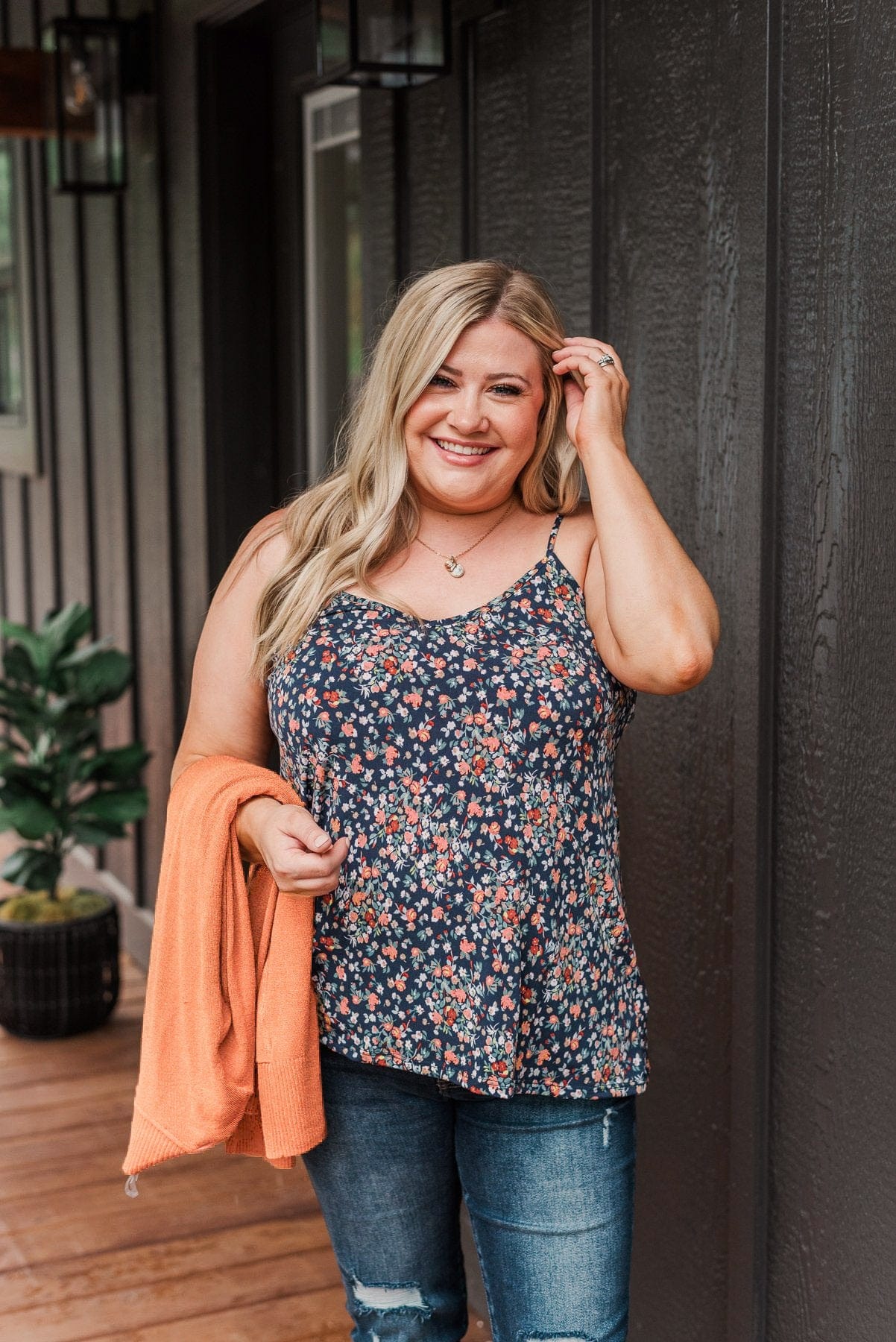 Wondering About You Floral Tank Top- Navy
