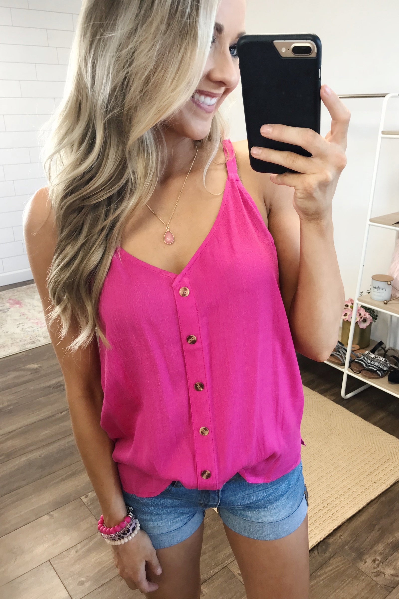 Always Choose You Button Tank Top- Hot Pink