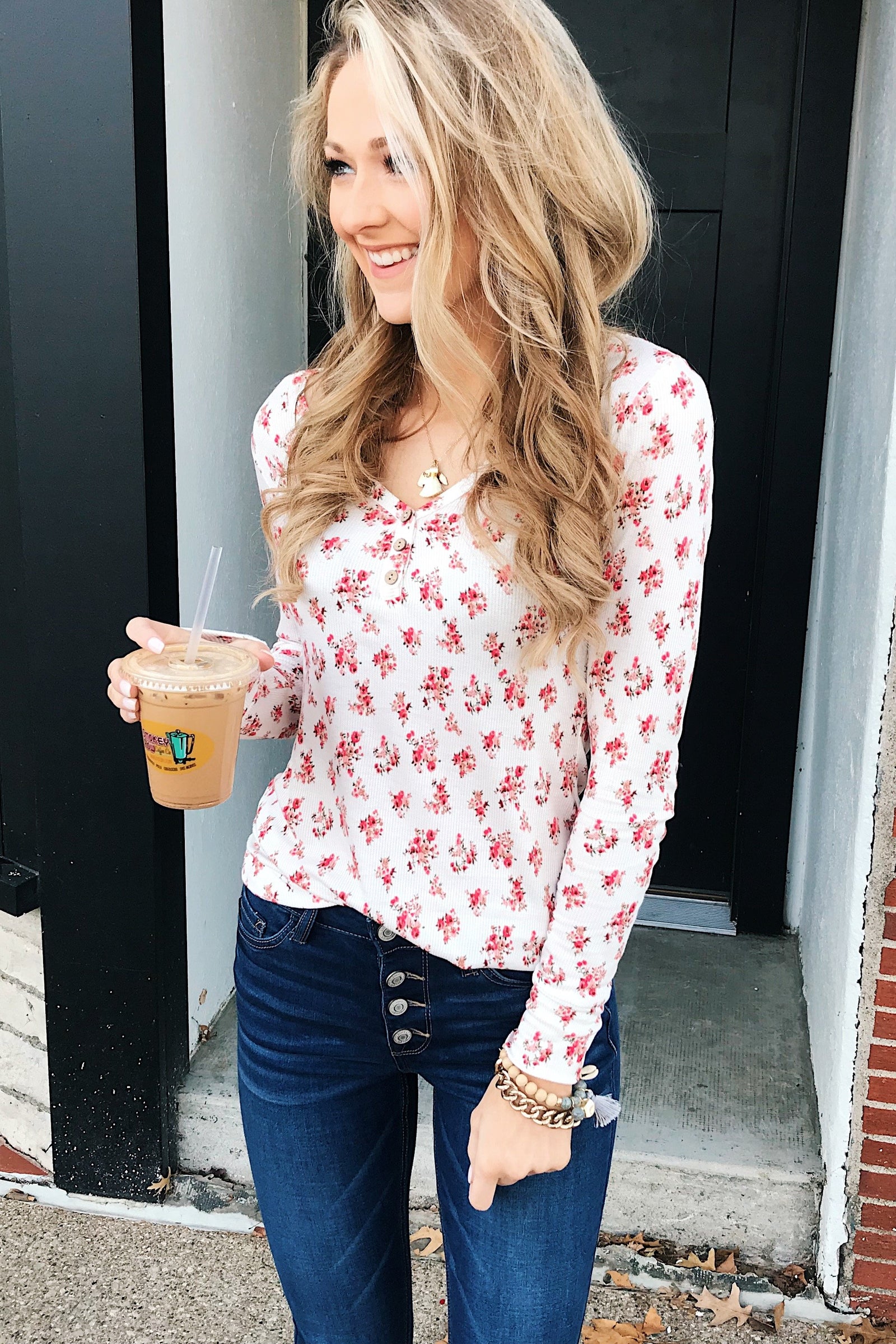Blossoming Beauty 3-Button Henley Top - Ivory