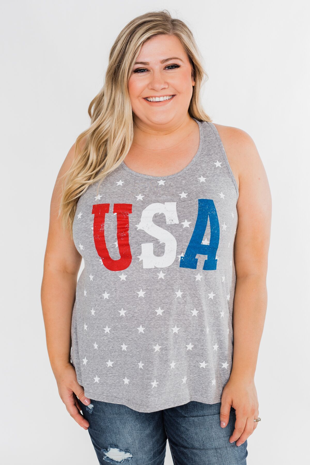 USA Racer Back Tank Top- Grey