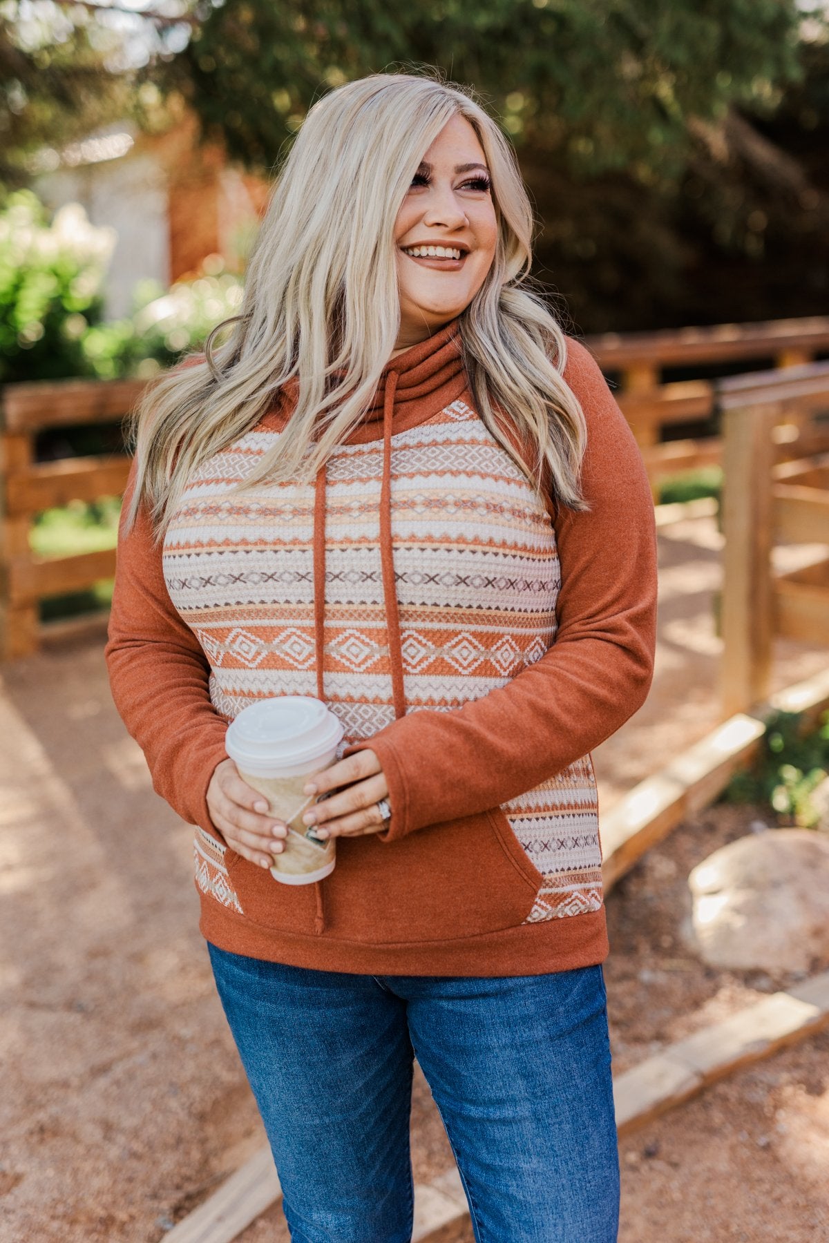 Lovely Wayfarer Aztec Cowl Neck Sweatshirt Rust Taupe Ivory