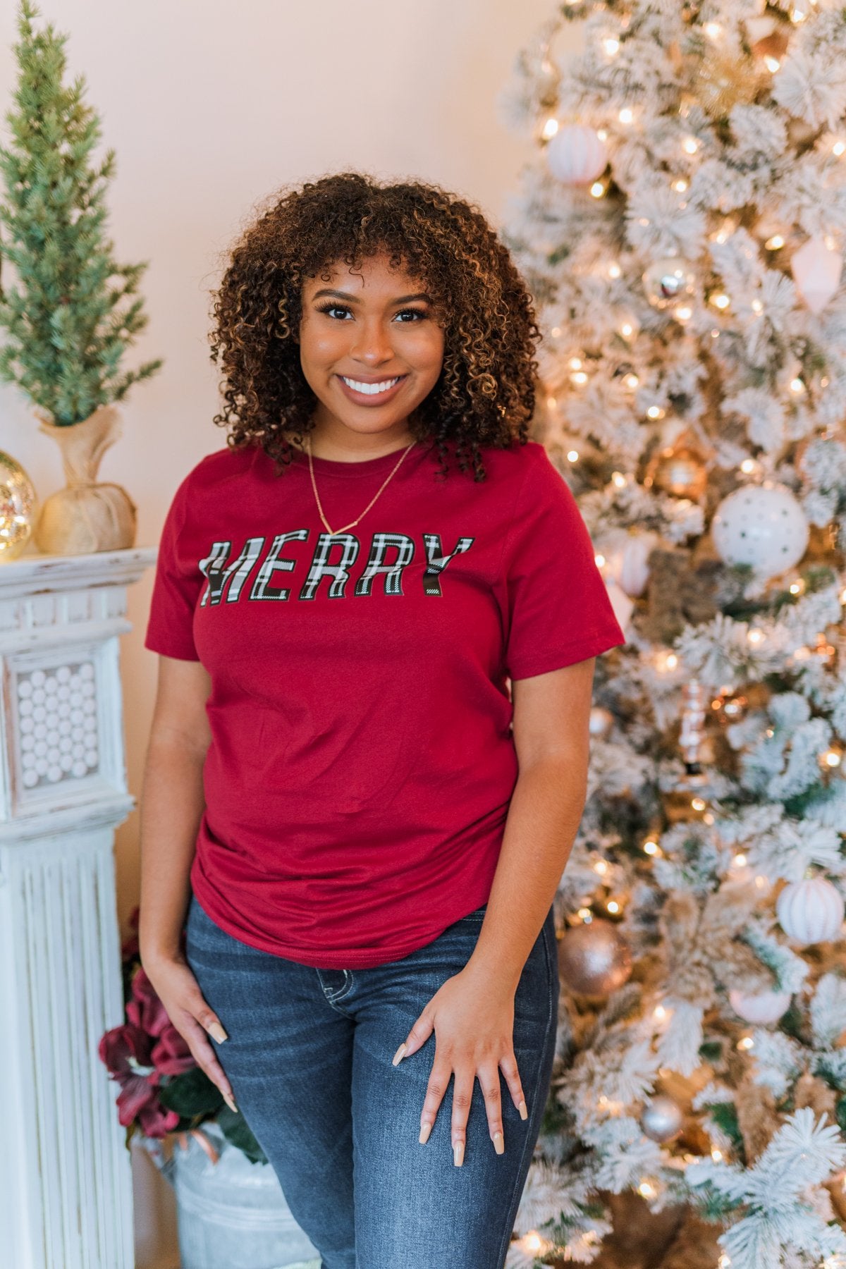 "Merry" Plaid Print Graphic Tee- Maroon