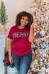 "Merry" Plaid Print Graphic Tee- Maroon