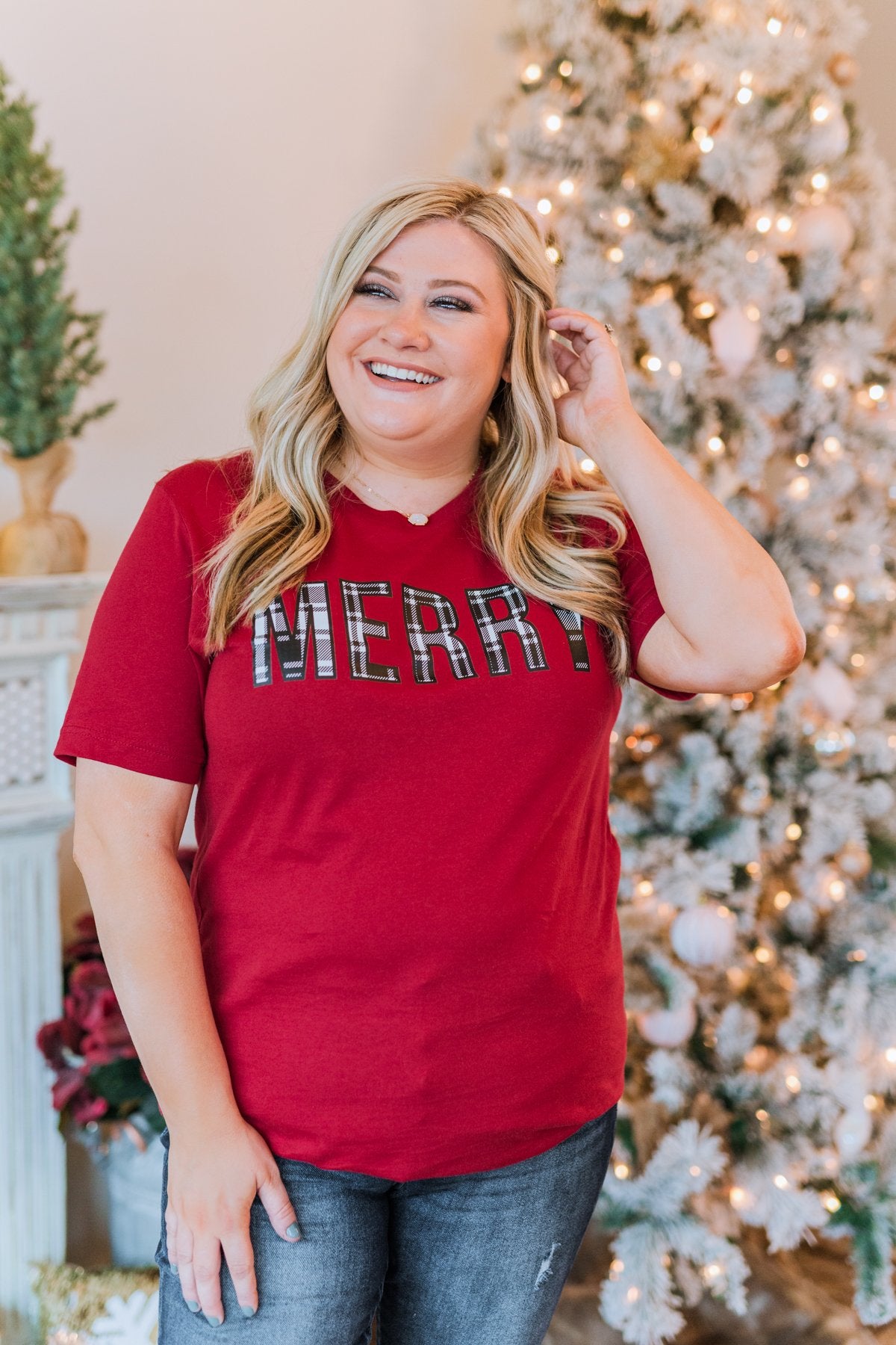"Merry" Plaid Print Graphic Tee- Maroon