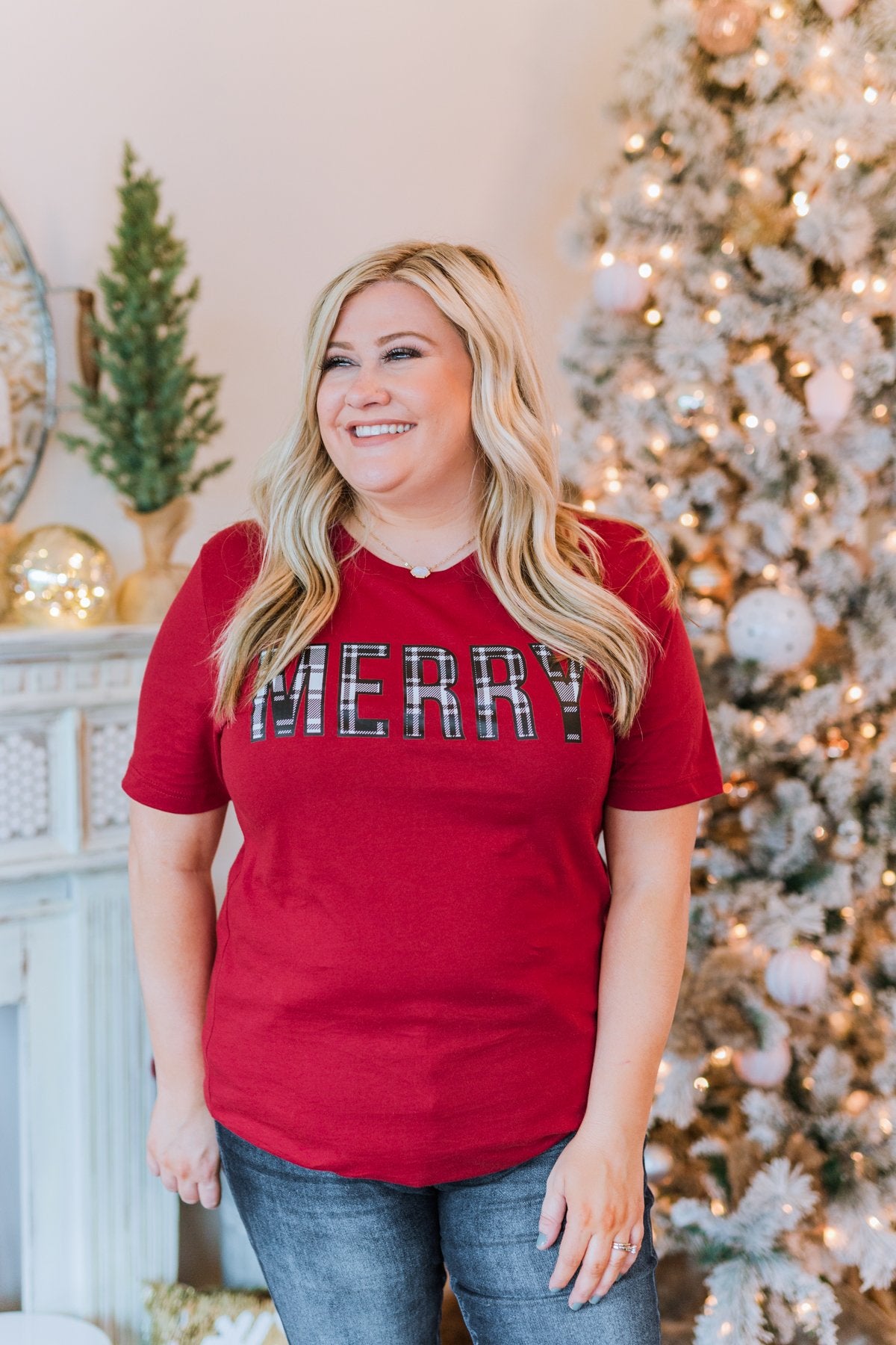 "Merry" Plaid Print Graphic Tee- Maroon