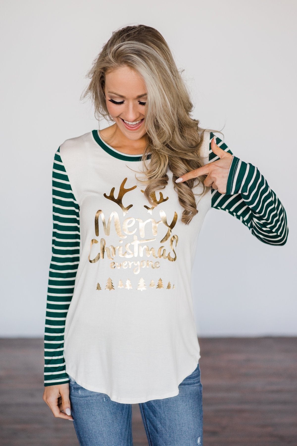 "Merry Christmas Everyone" Teal Striped Top