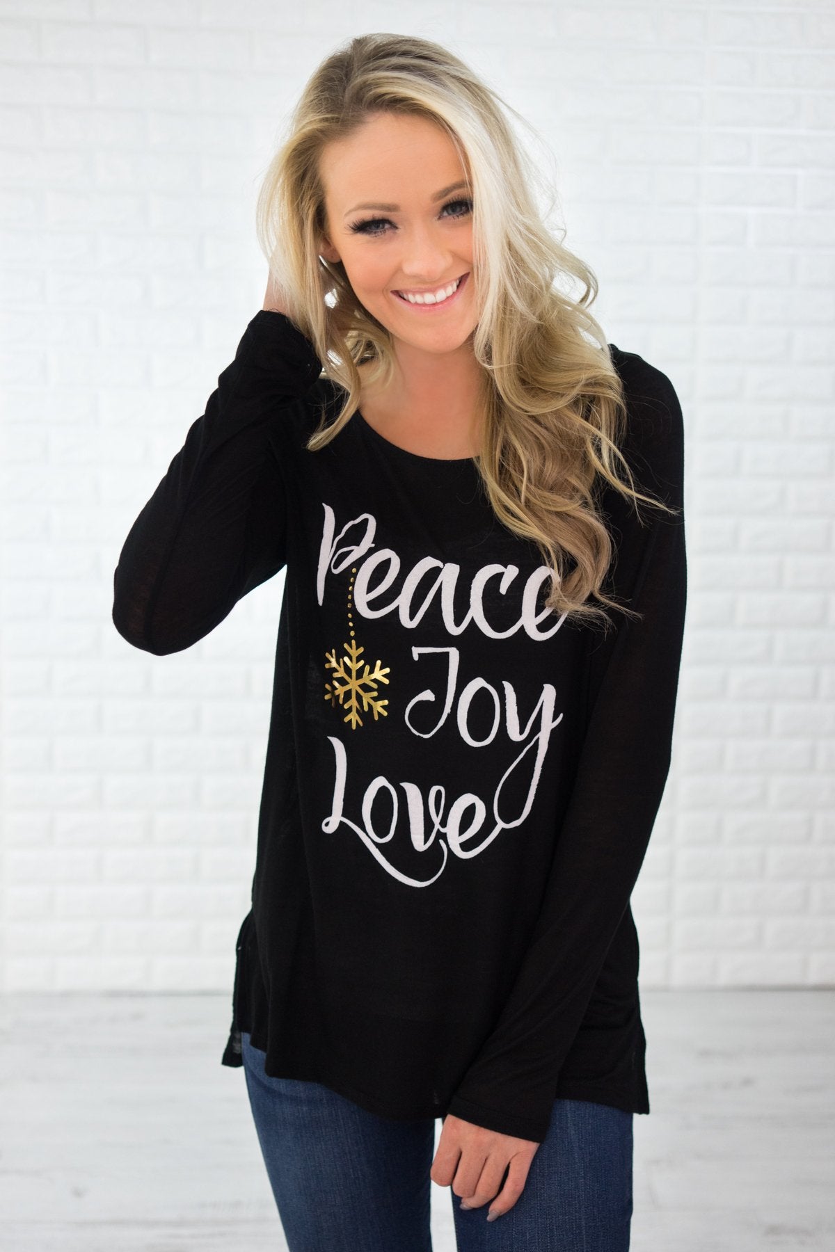 Peace, Joy & Love Long Sleeve Black Top