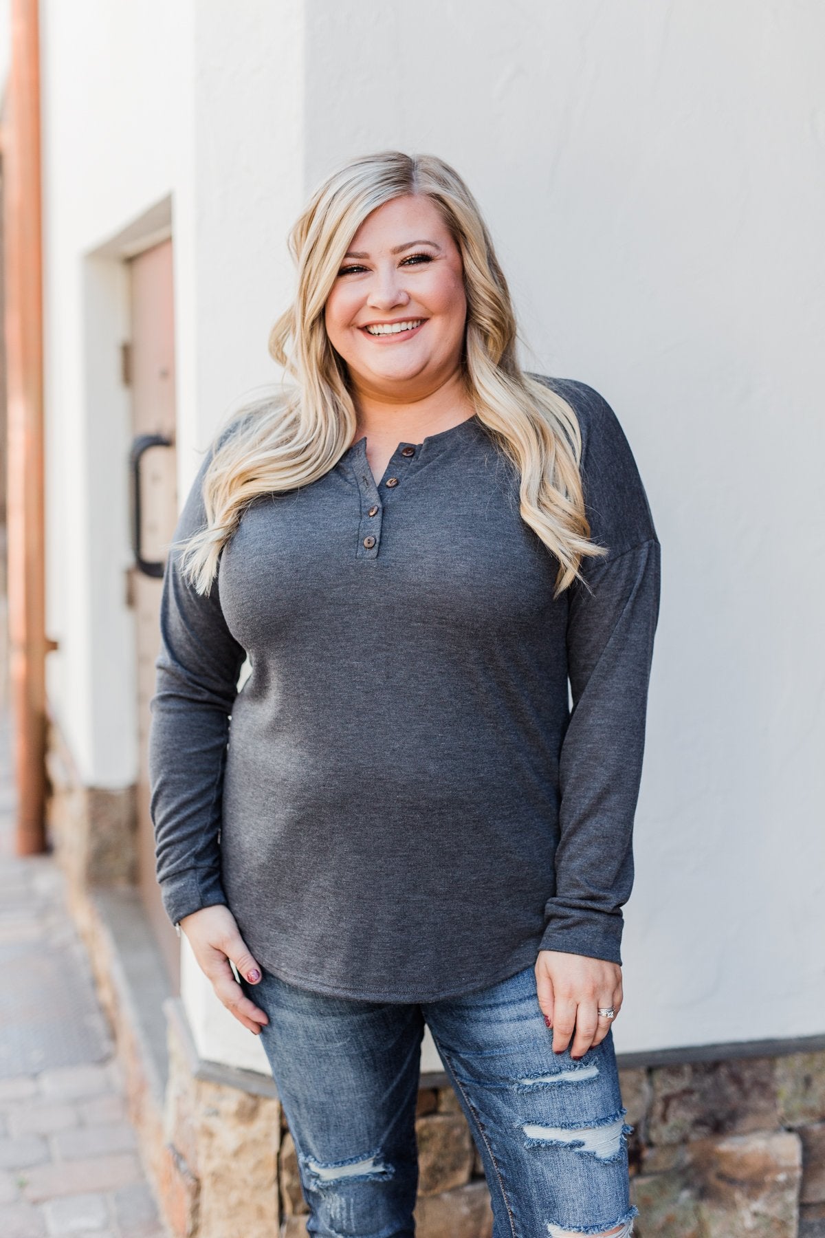 Cozy & Warm 4 Button Henley Top- Dark Grey