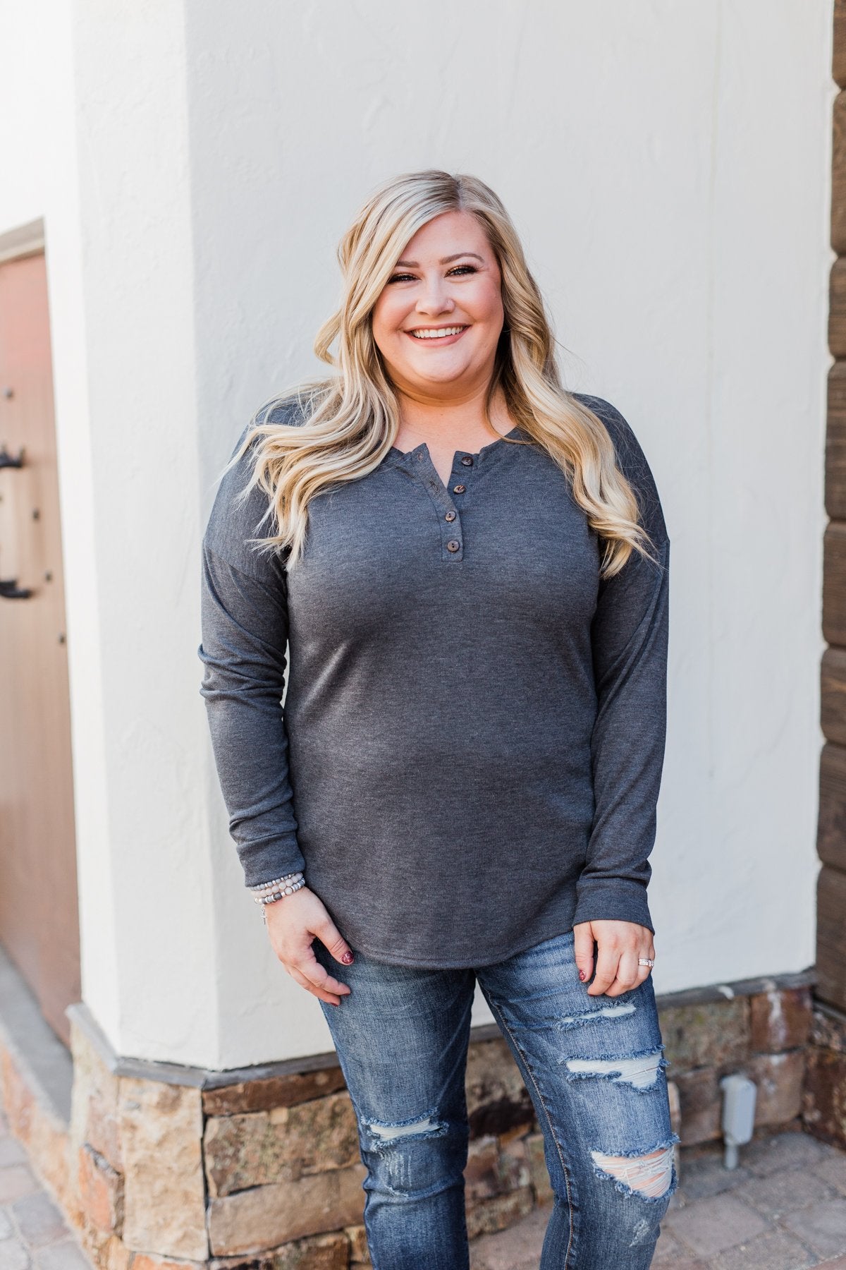 Cozy & Warm 4 Button Henley Top- Dark Grey