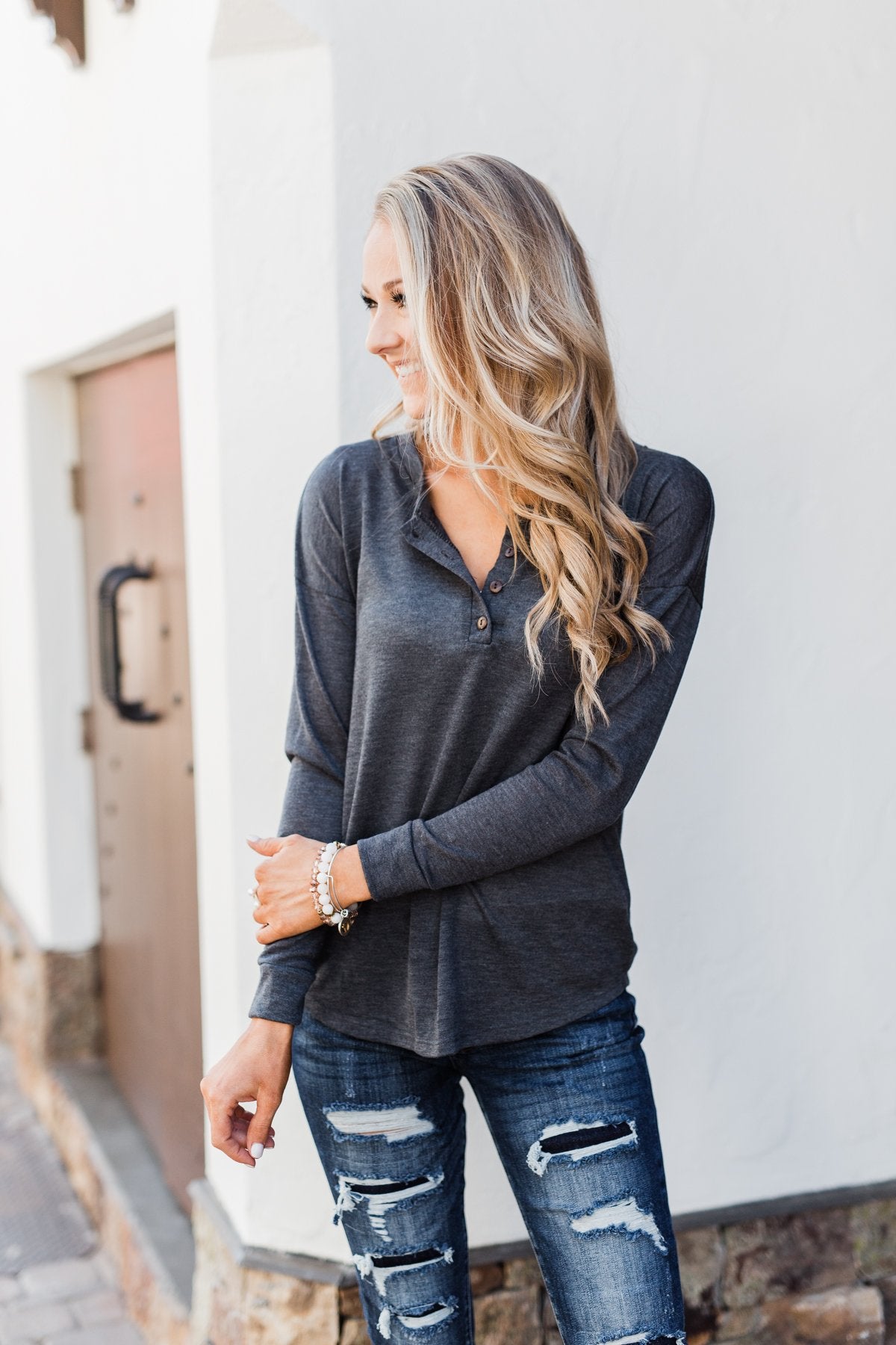 Cozy & Warm 4 Button Henley Top- Dark Grey