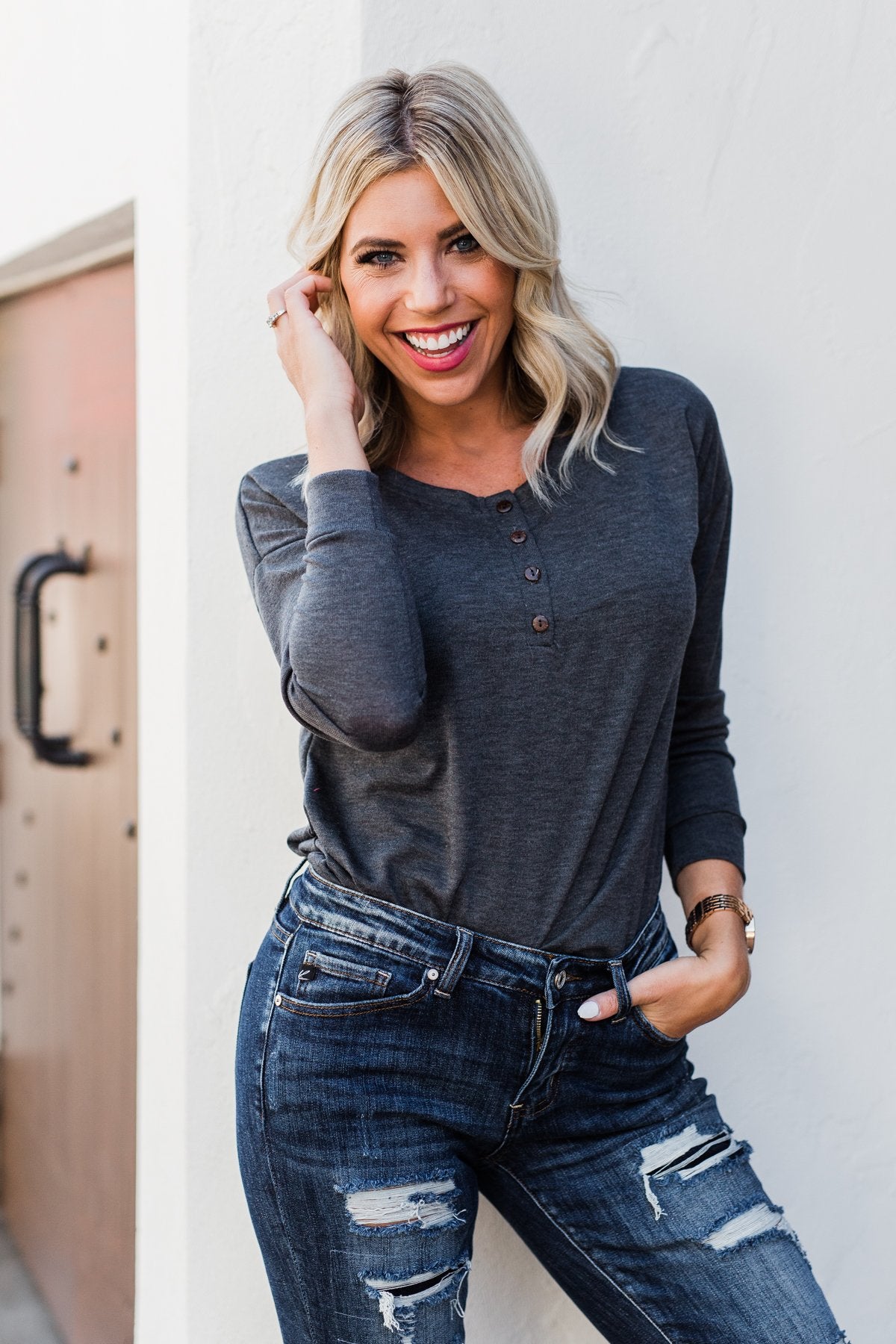 Cozy & Warm 4 Button Henley Top- Dark Grey