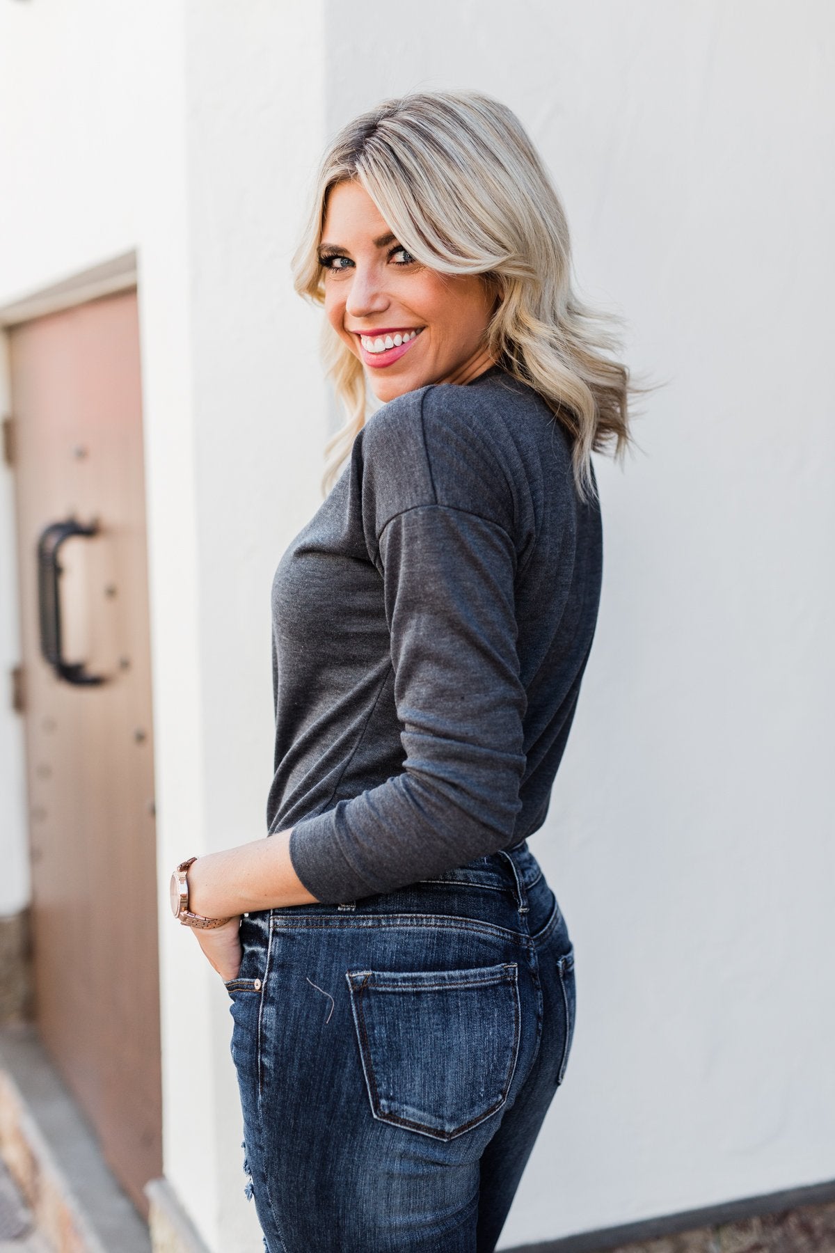 Cozy & Warm 4 Button Henley Top- Dark Grey