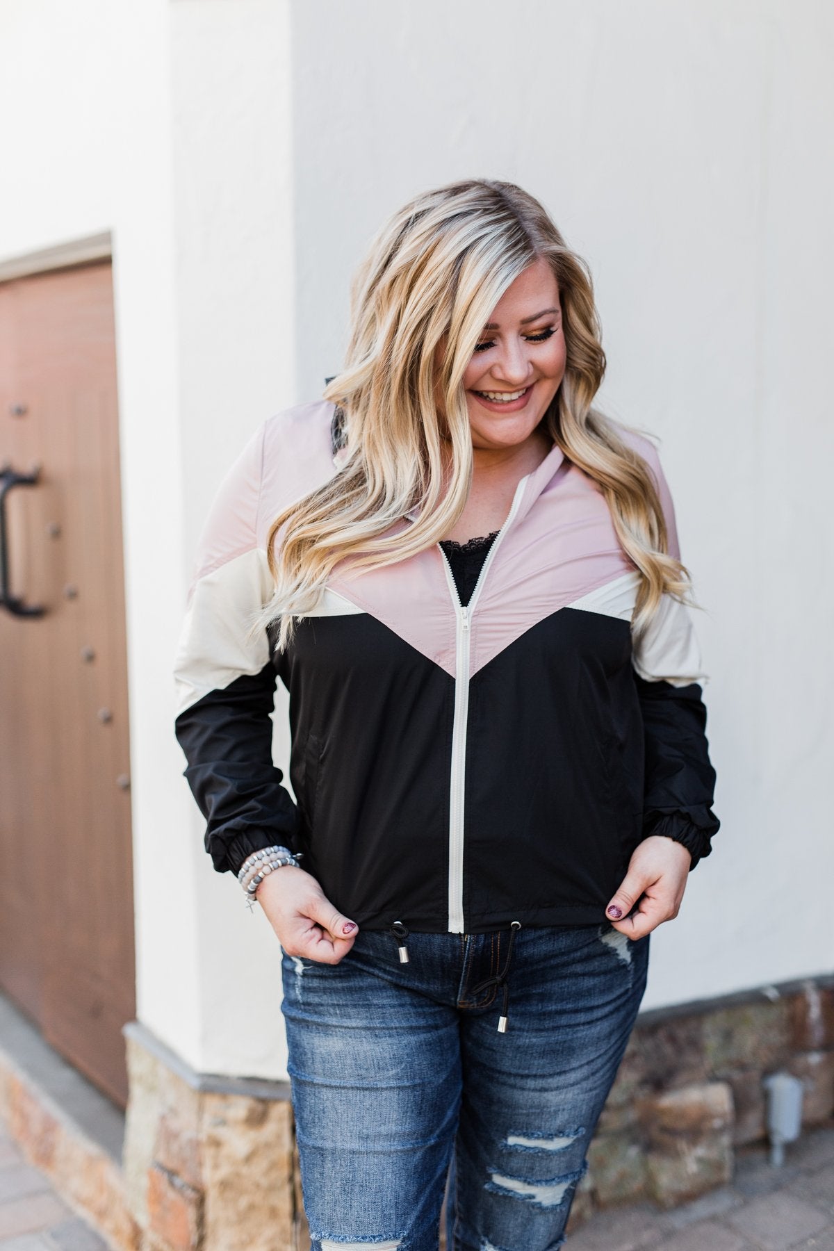 Color Block Windbreaker Zip Up Jacket Pink Black The Pulse