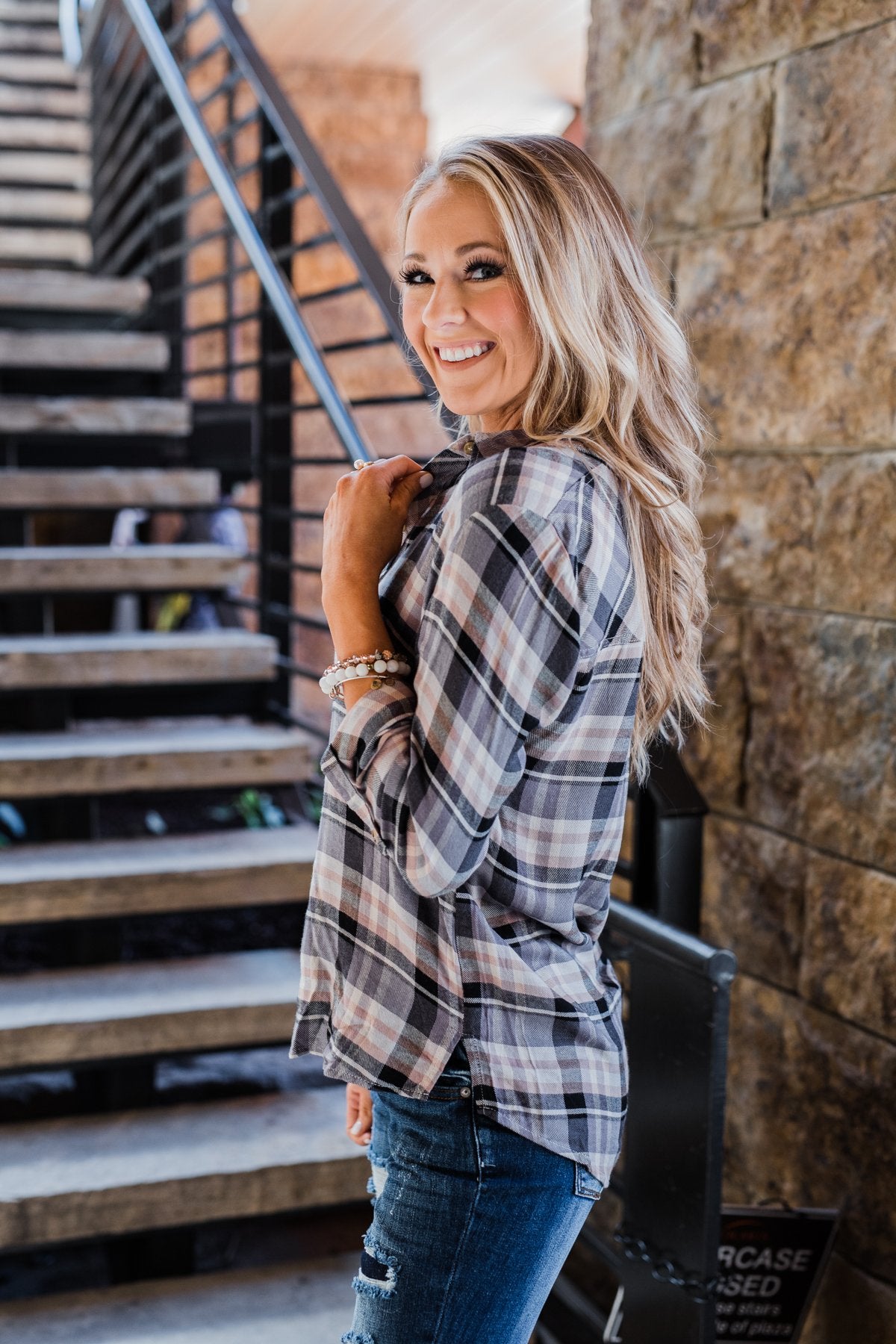 Fall Favorite Flannel Button Up Top- Charcoal & Beige