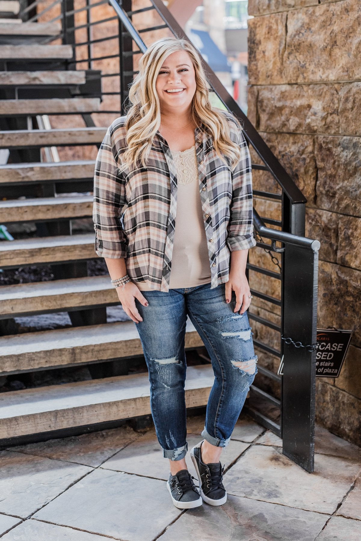 Fall Favorite Flannel Button Up Top- Charcoal & Beige