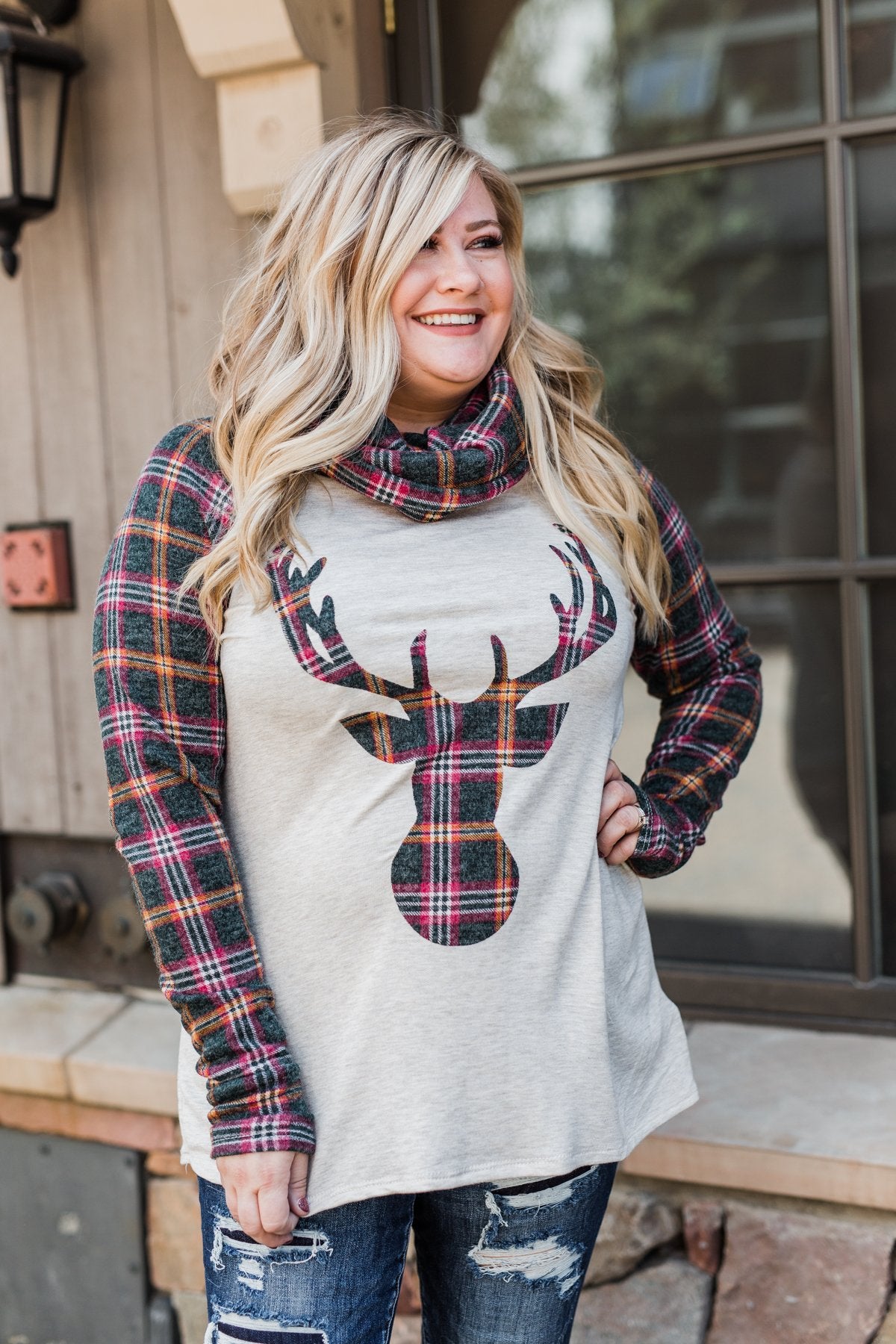 Plaid Reindeer Cowl Neck Top- Oatmeal & Green