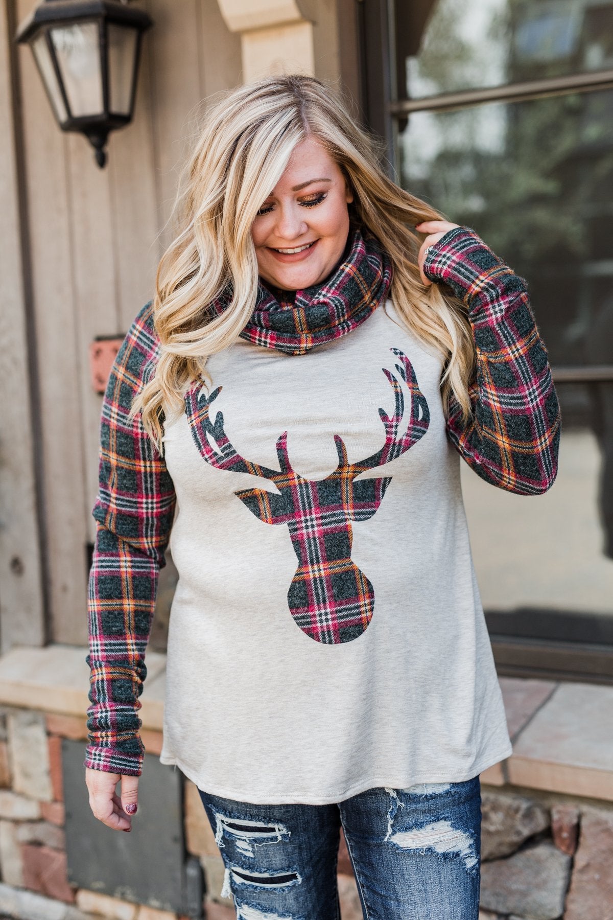 Plaid Reindeer Cowl Neck Top- Oatmeal & Green