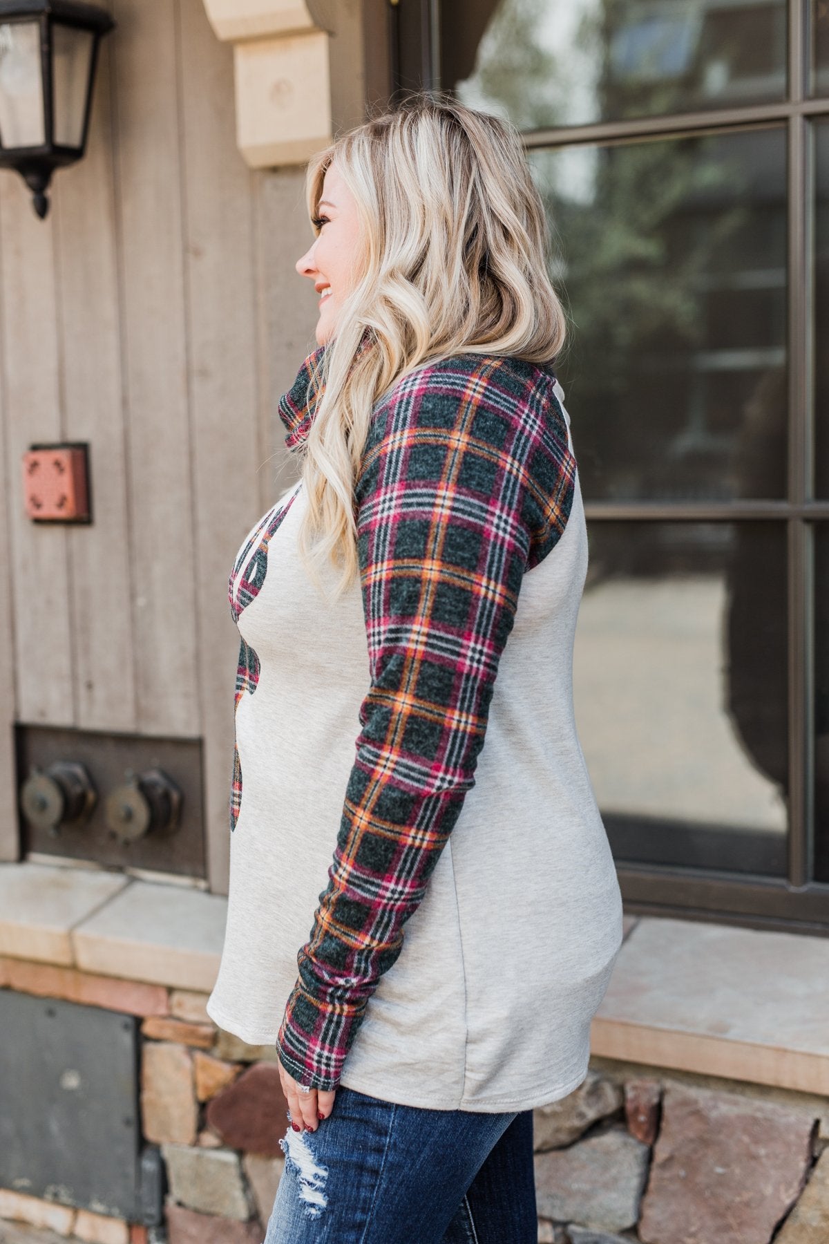 Plaid Reindeer Cowl Neck Top- Oatmeal & Green