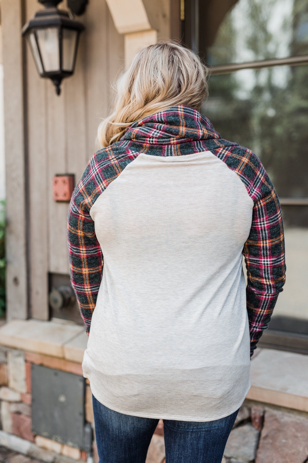 Plaid Reindeer Cowl Neck Top- Oatmeal & Green