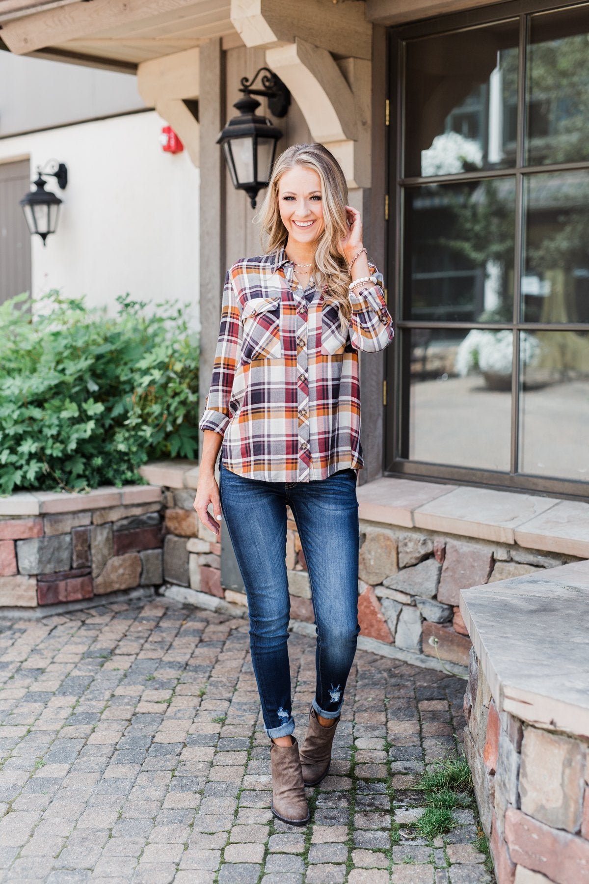 You've Got Me Hooked Flannel Top- Navy & Rust
