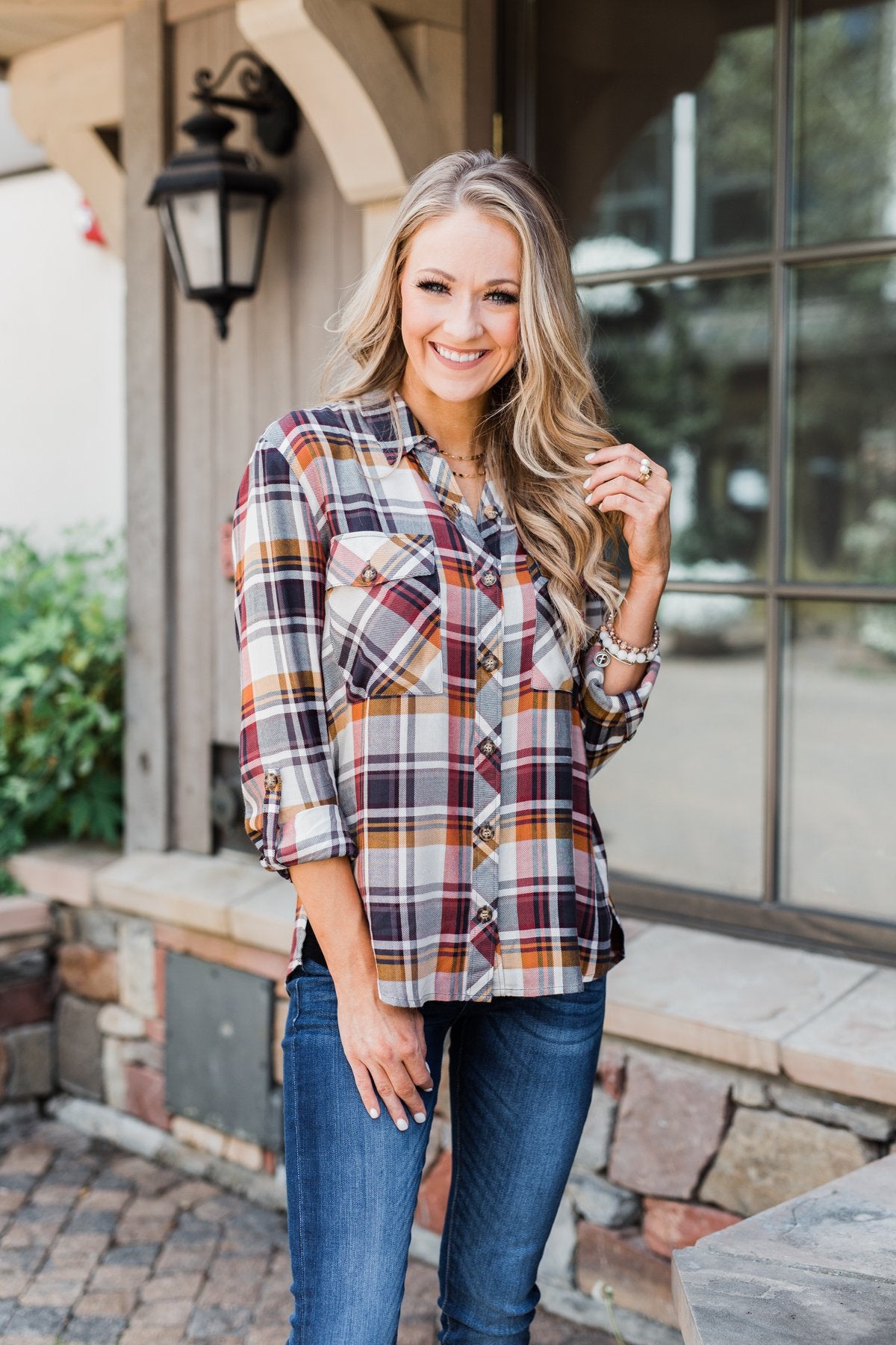 You've Got Me Hooked Flannel Top- Navy & Rust