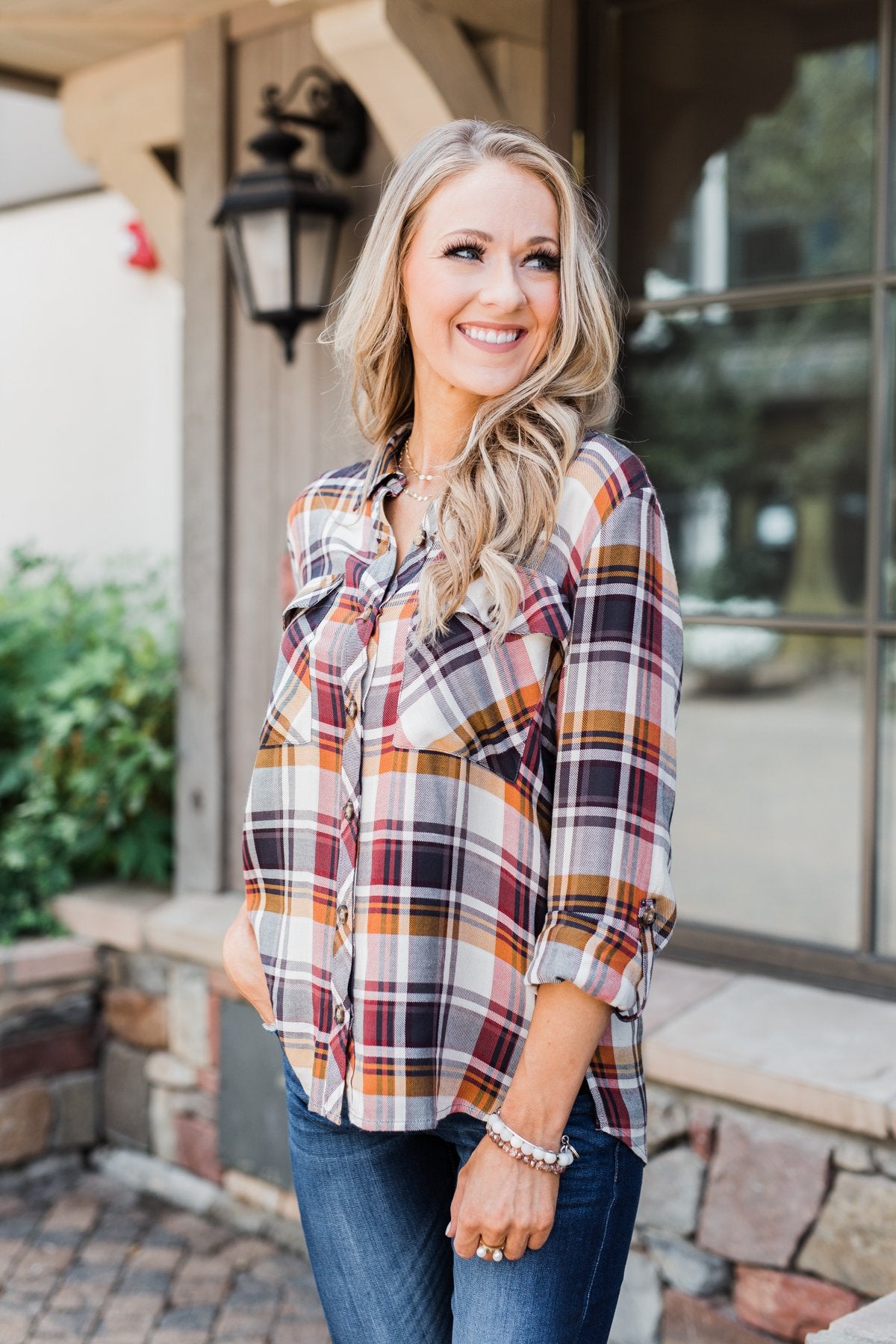 You've Got Me Hooked Flannel Top- Navy & Rust