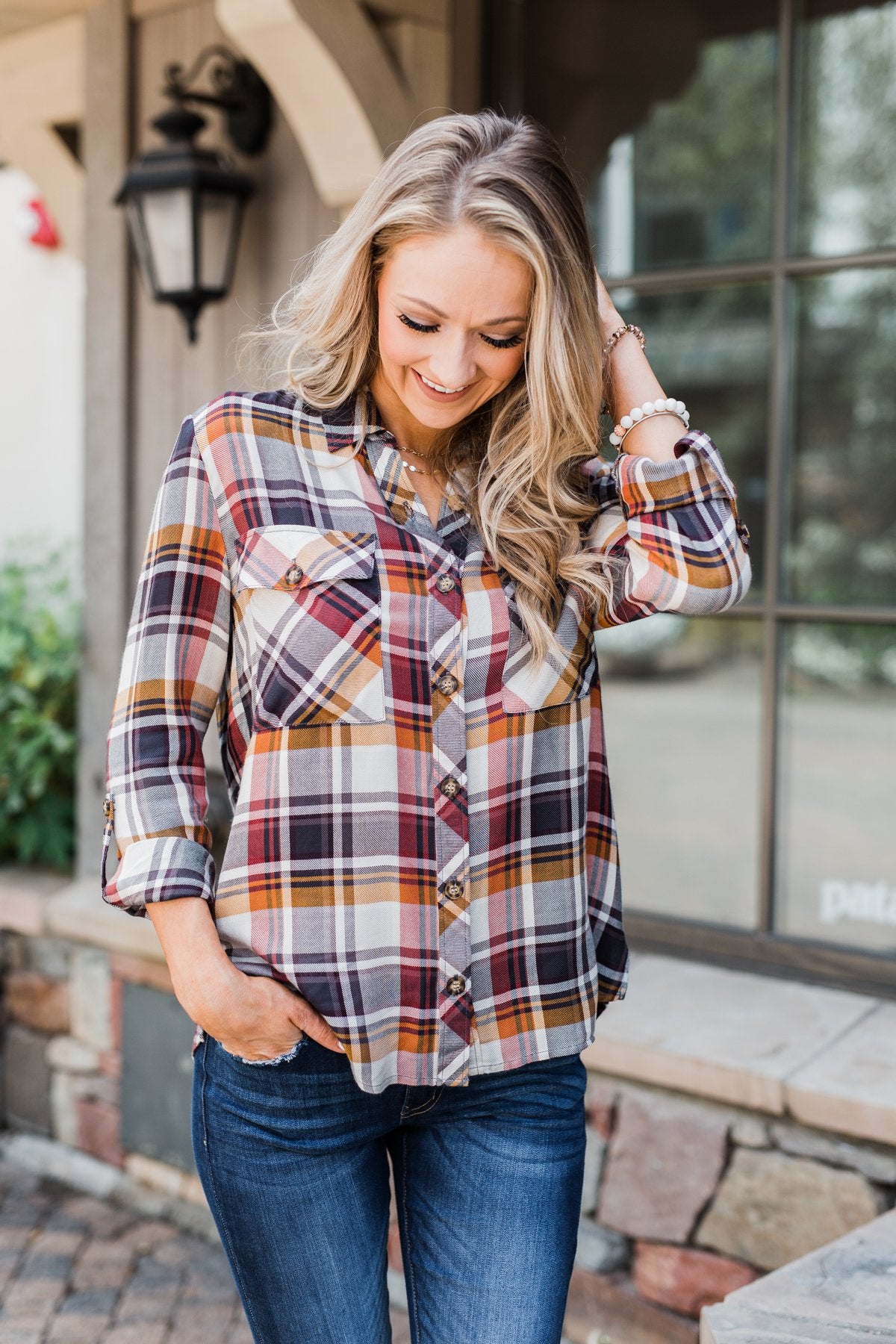 You've Got Me Hooked Flannel Top- Navy & Rust