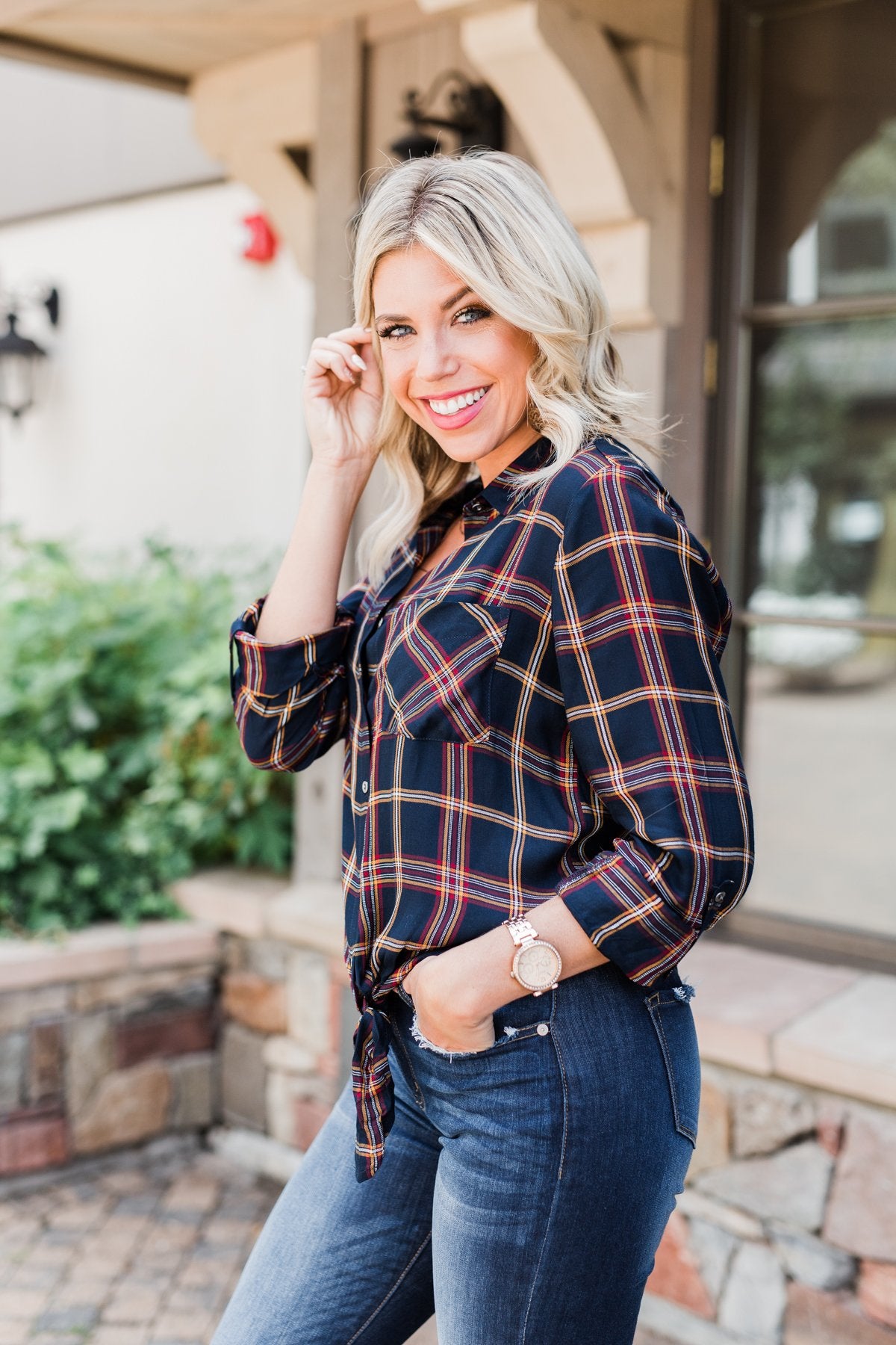 Carrying Your Love Flannel Button Up Top- Navy & Mustard
